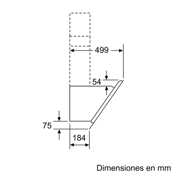 Diagrama de una campana de cocina con dimensiones. Muestra una vista lateral con medidas: 75, 184, 499, 54. Línea discontinua indica la parte superior.