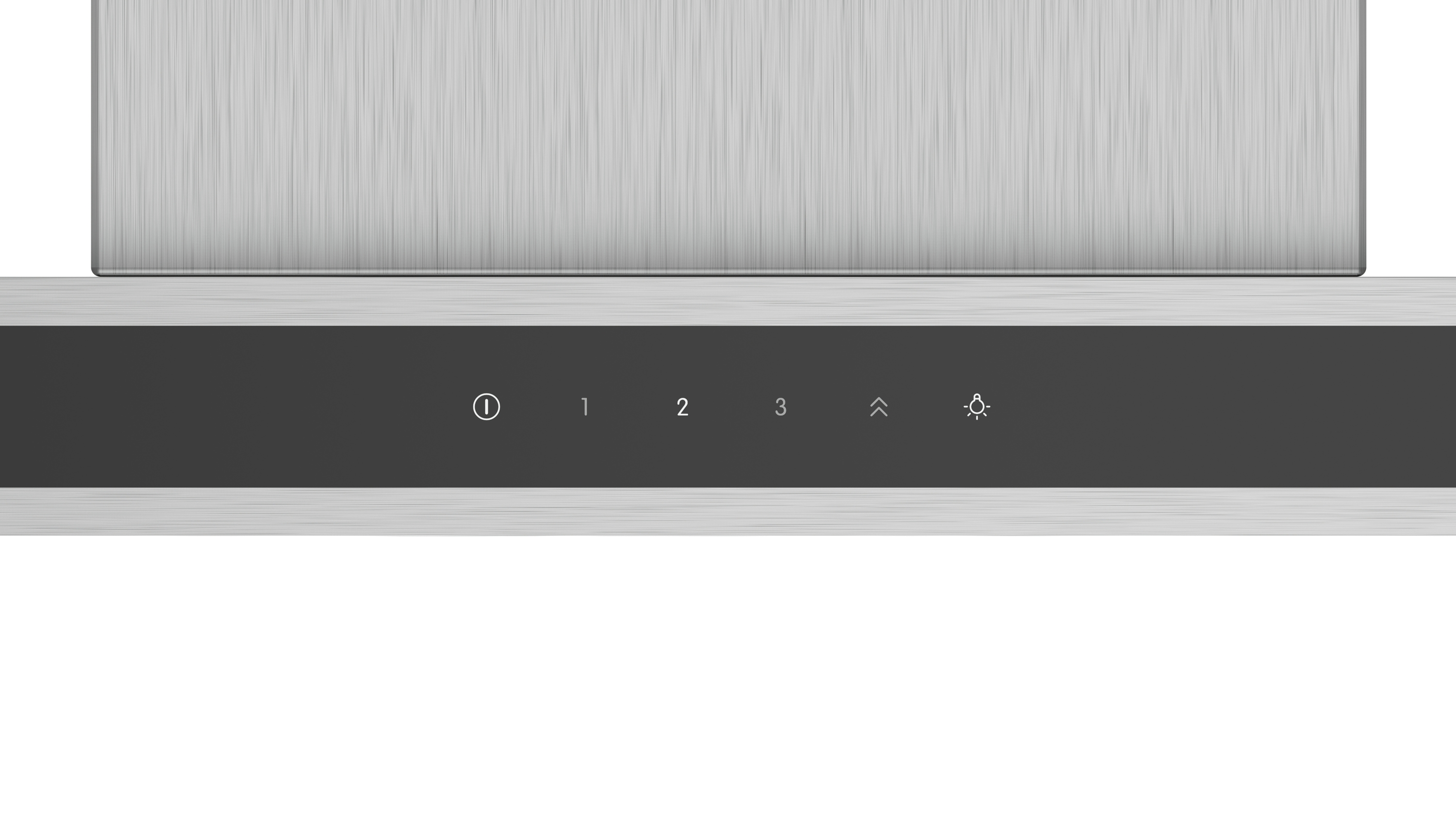 Primer plano de un panel de control de campana extractora con controles de encendido, velocidad del ventilador y luz.