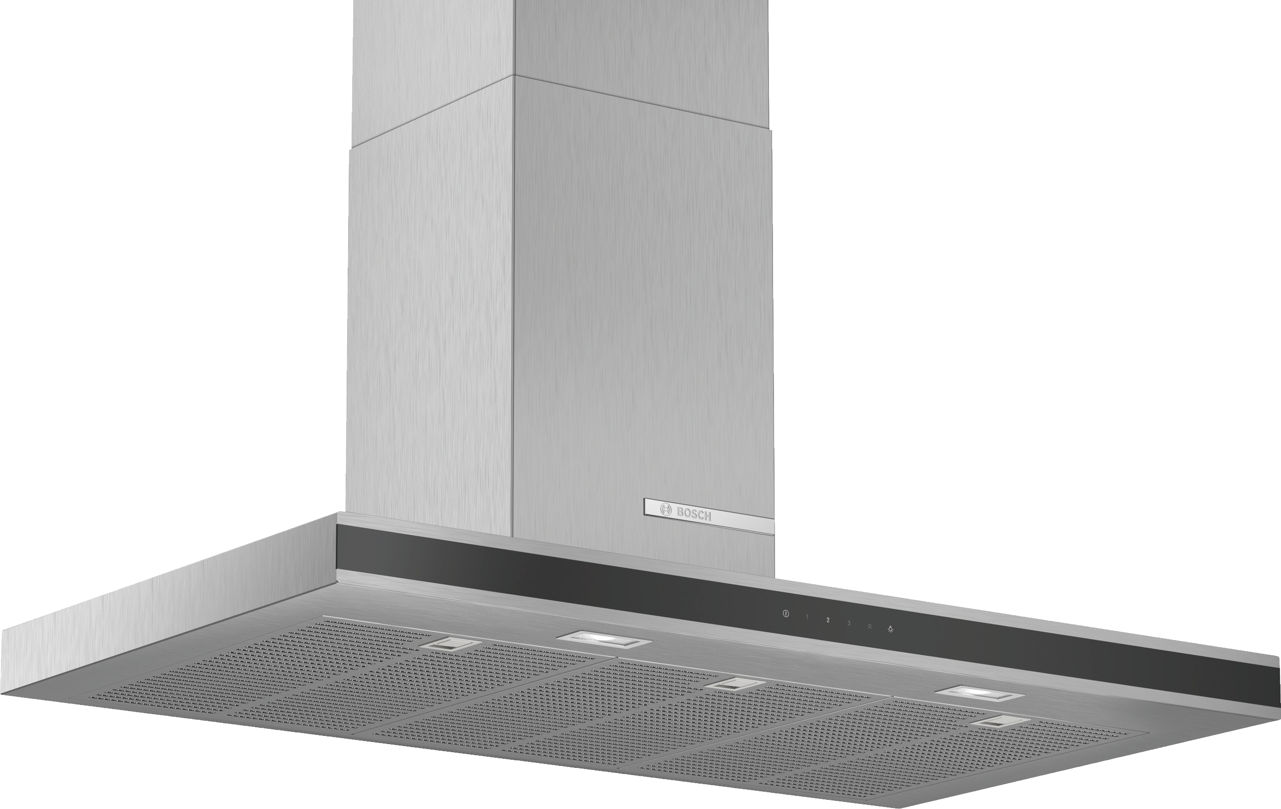Una campana extractora de acero inoxidable con el logotipo de Bosch. La campana es rectangular.