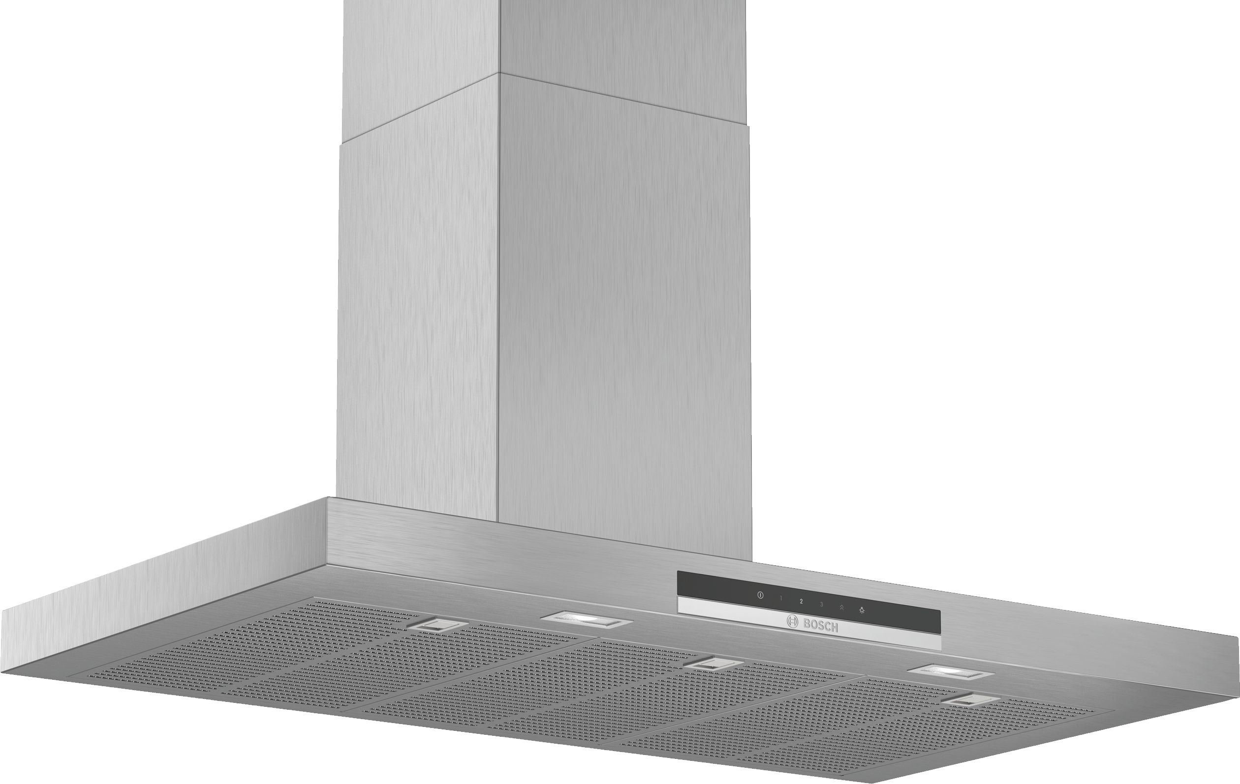 Campana de cocina plateada con luces y un panel de control. El logotipo de Bosch es visible en el panel.