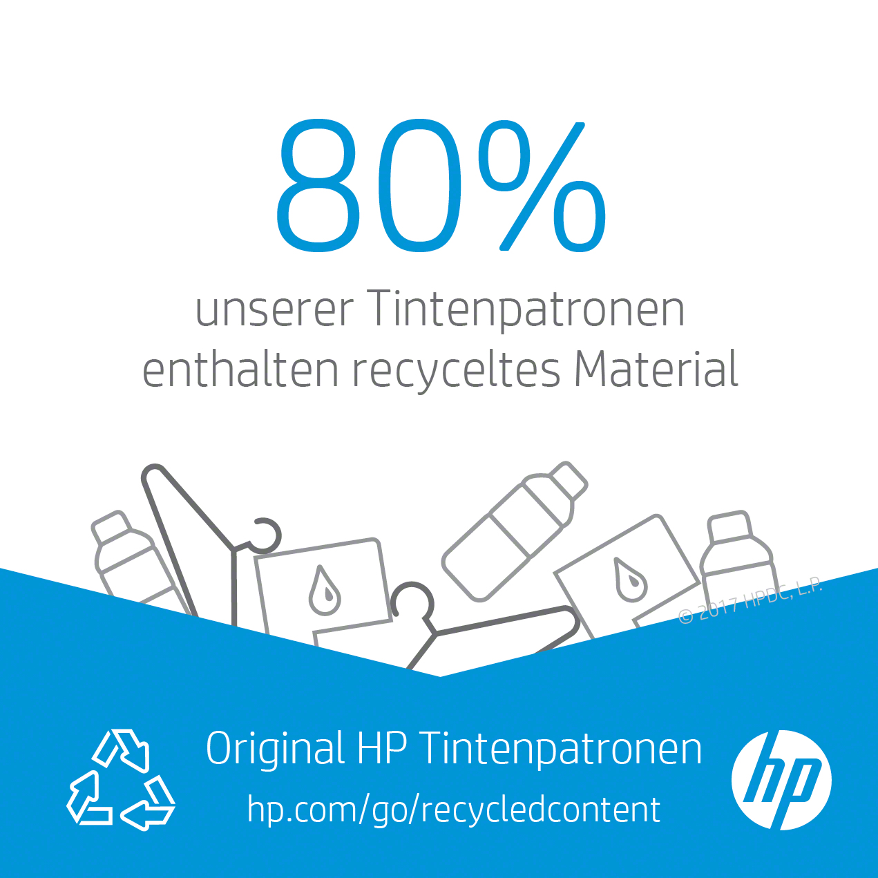 Das Bild zeigt '80%' und Text, der besagt, dass der Prozentsatz der HP-Tintenpatronen recyceltes Material enthält.