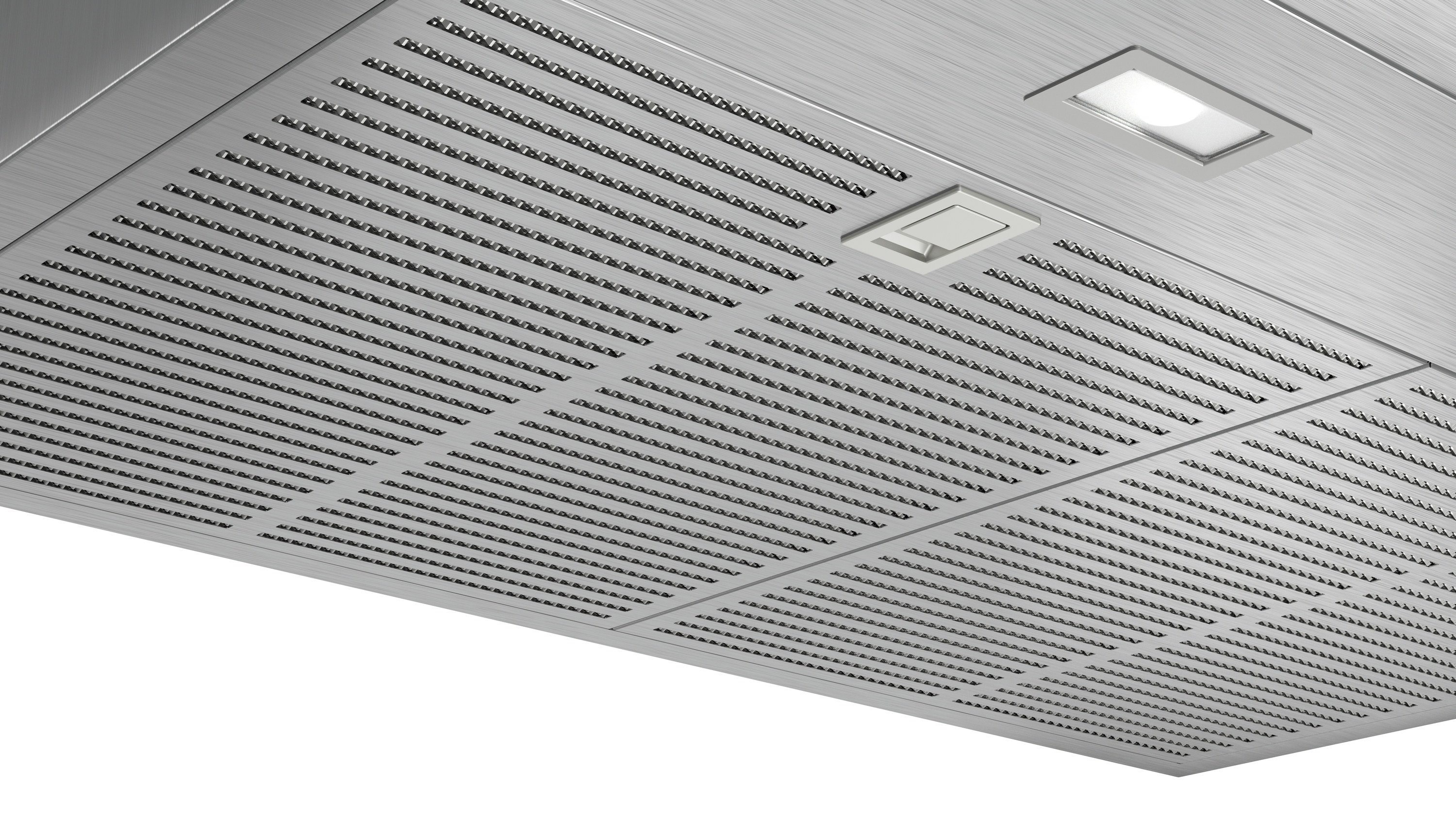 Primer plano de una campana de cocina plateada. Superficie metálica perforada con luces y paneles de acceso rectangulares.