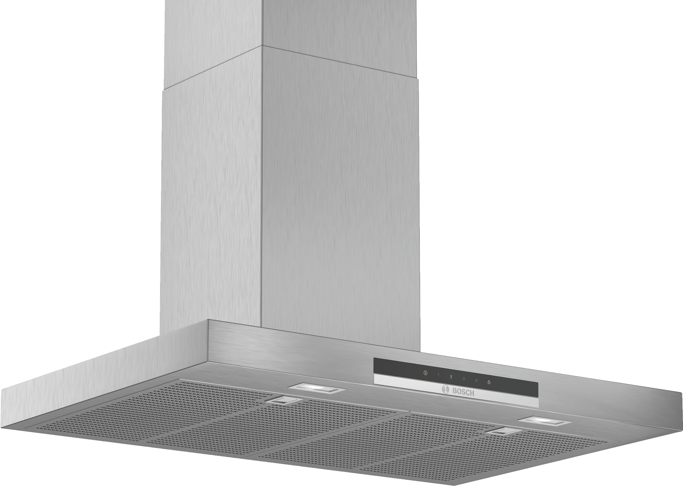 Una campana extractora de cocina de acero inoxidable con luces y panel de control. Tiene un diseño rectangular.