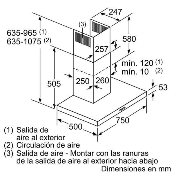 Diagrama de una campana extractora con dimensiones en mm. Flechas y líneas muestran medidas y detalles del flujo de aire.