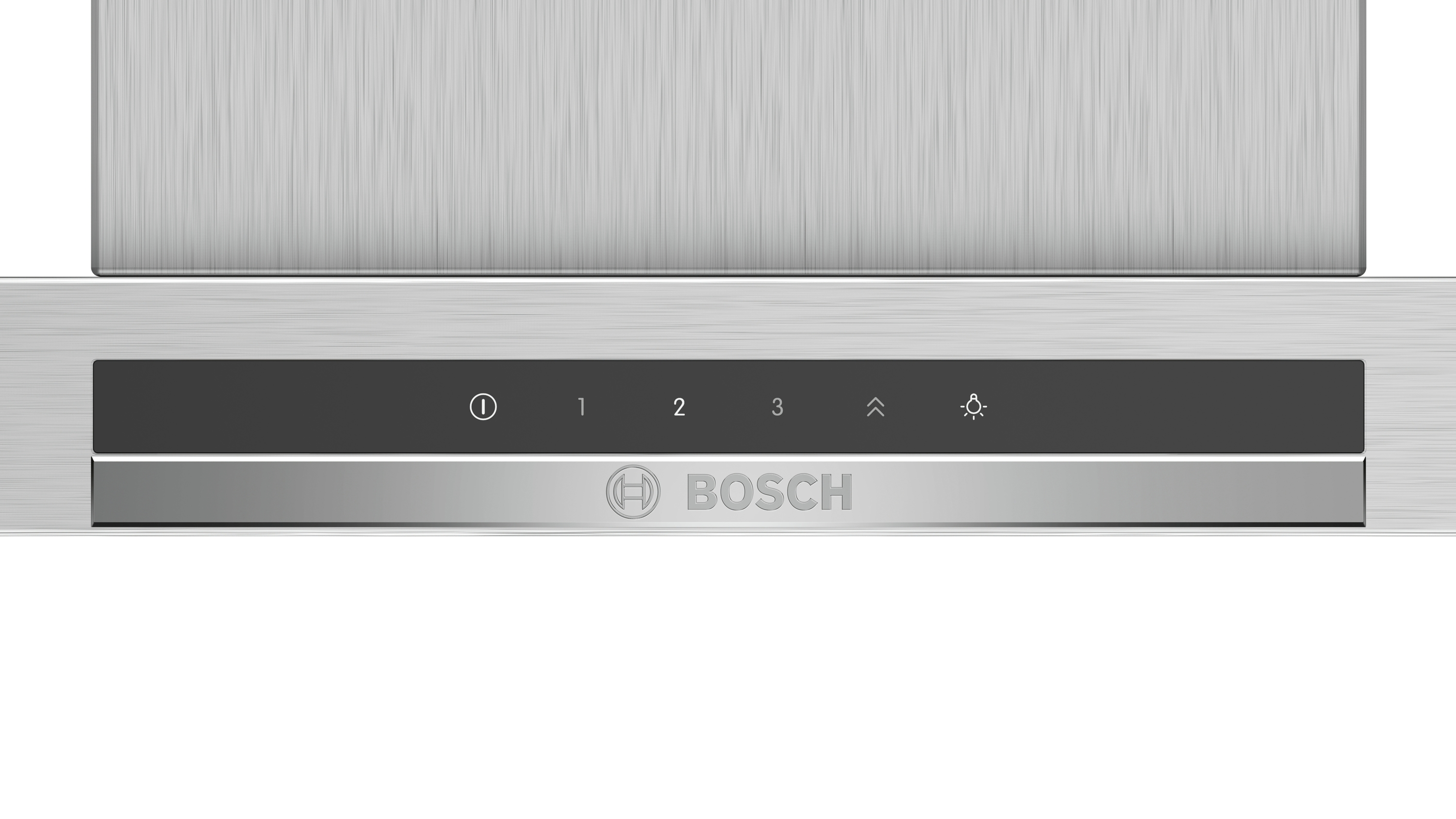 Primer plano del panel de control de la campana extractora. Cuenta con botón de encendido, números 1-3 y controles de luz.