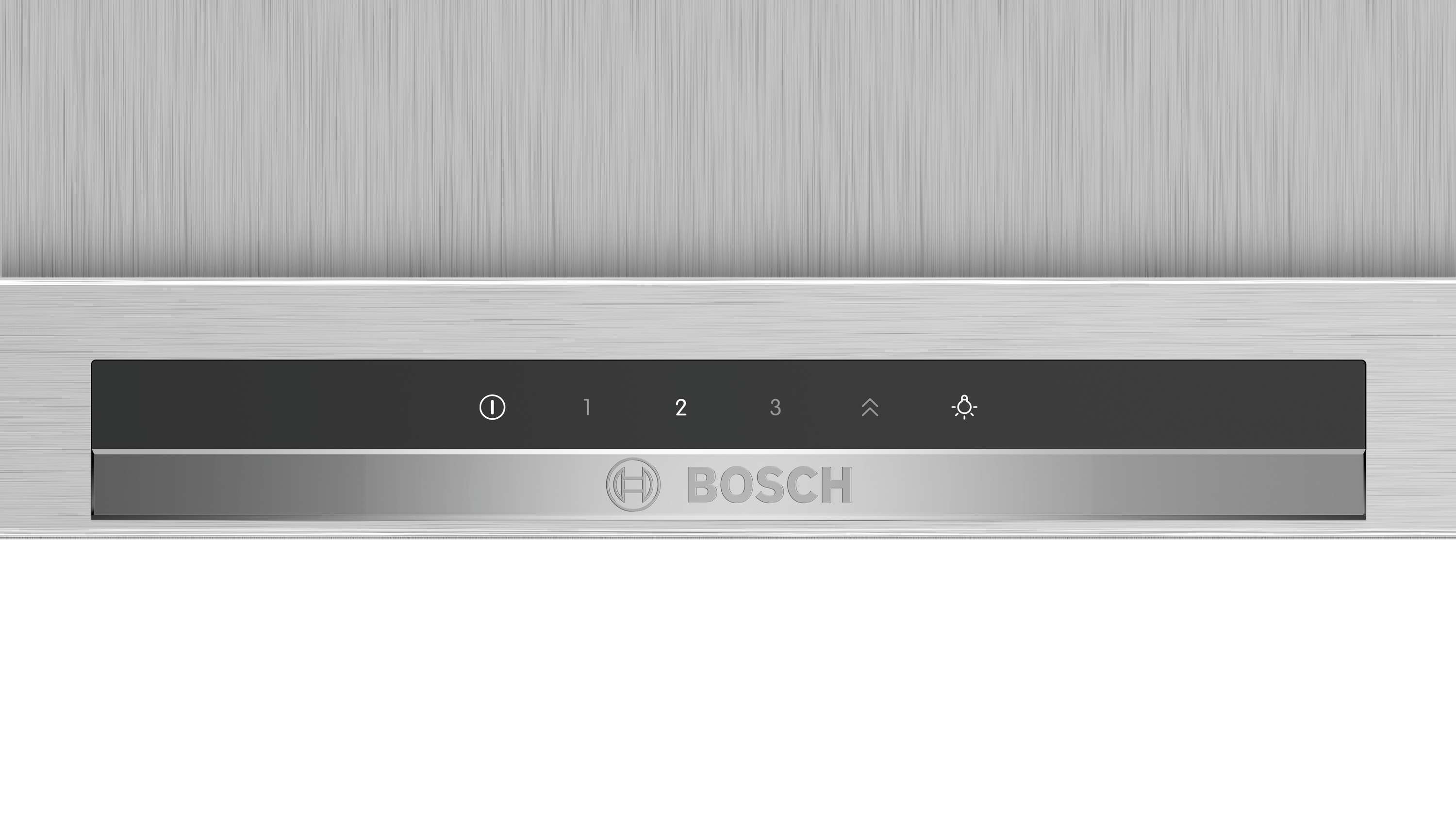 Primer plano del panel de control de una campana extractora Bosch con pantalla.
