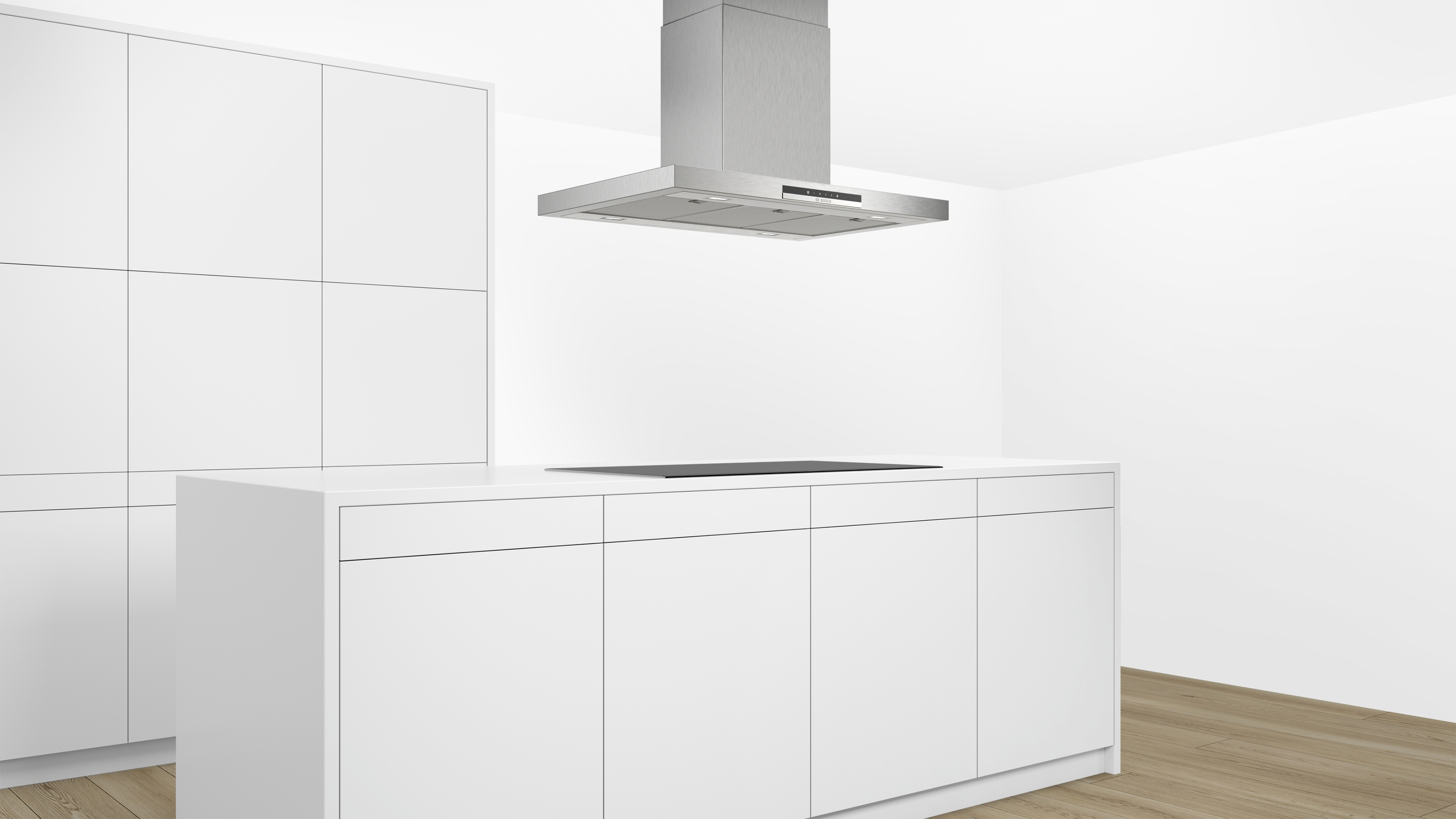 Cocina moderna con gabinetes blancos, isla y campana extractora de acero inoxidable. Diseño minimalista.