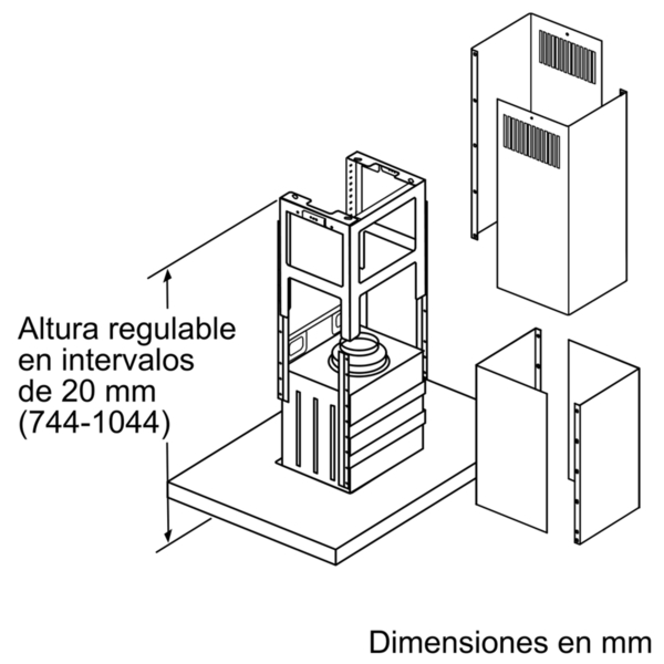 Dibujo técnico de la instalación de una campana extractora, mostrando el marco y la altura ajustable en español, con dimensiones.