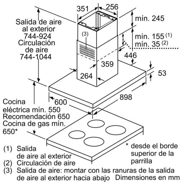 Diagrama de una campana extractora con dimensiones.