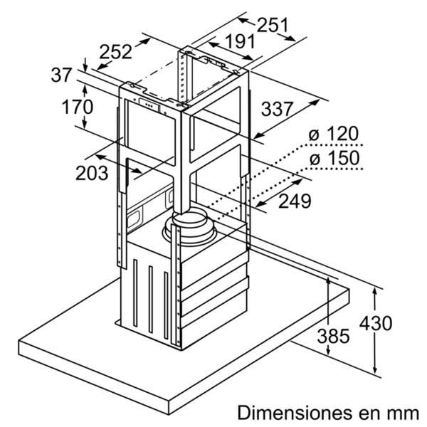 Un diagrama dimensional para una campana extractora, con medidas.