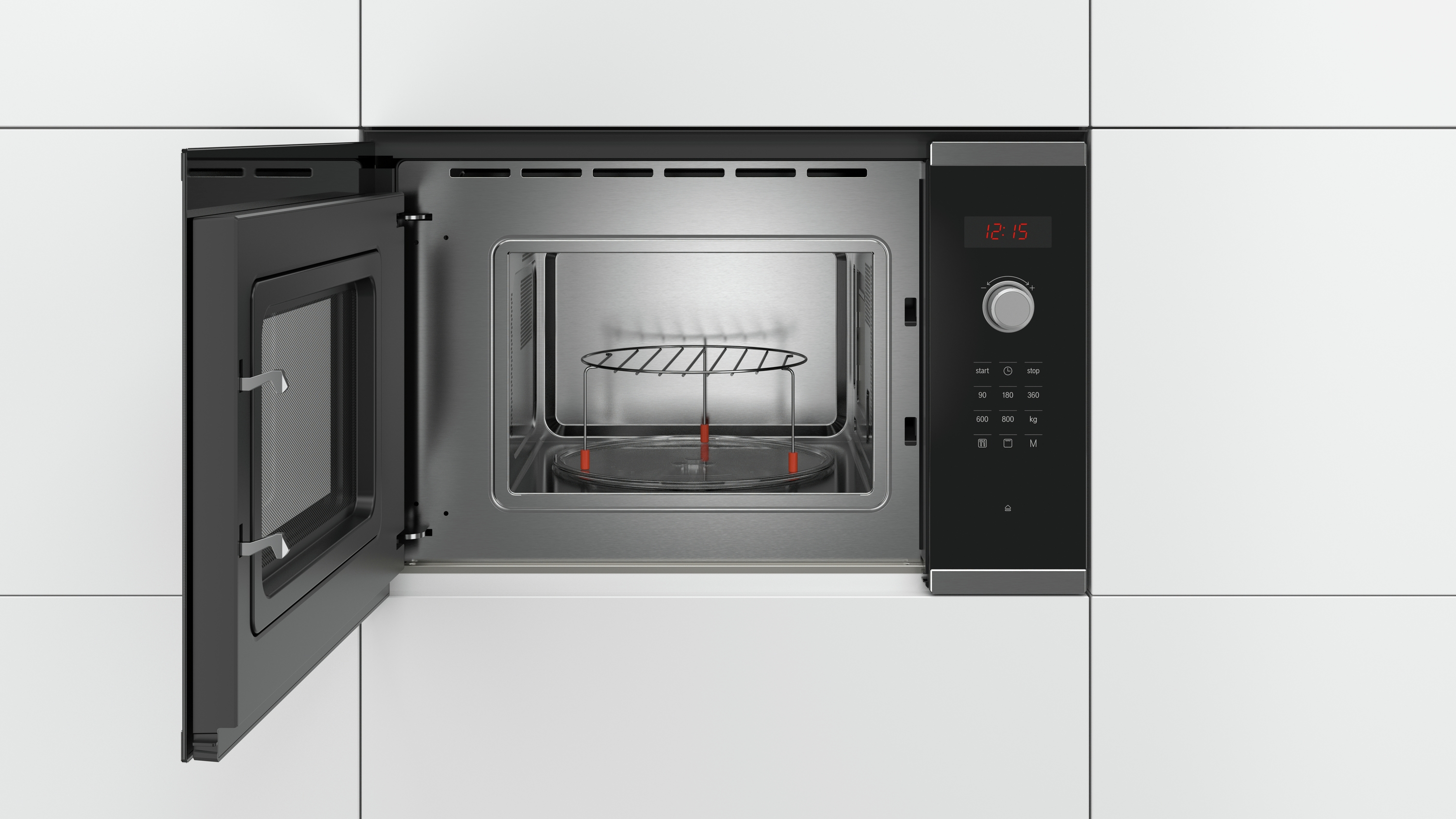 Un horno microondas empotrado, con la puerta abierta, con una rejilla de metal y una placa de vidrio en el interior.