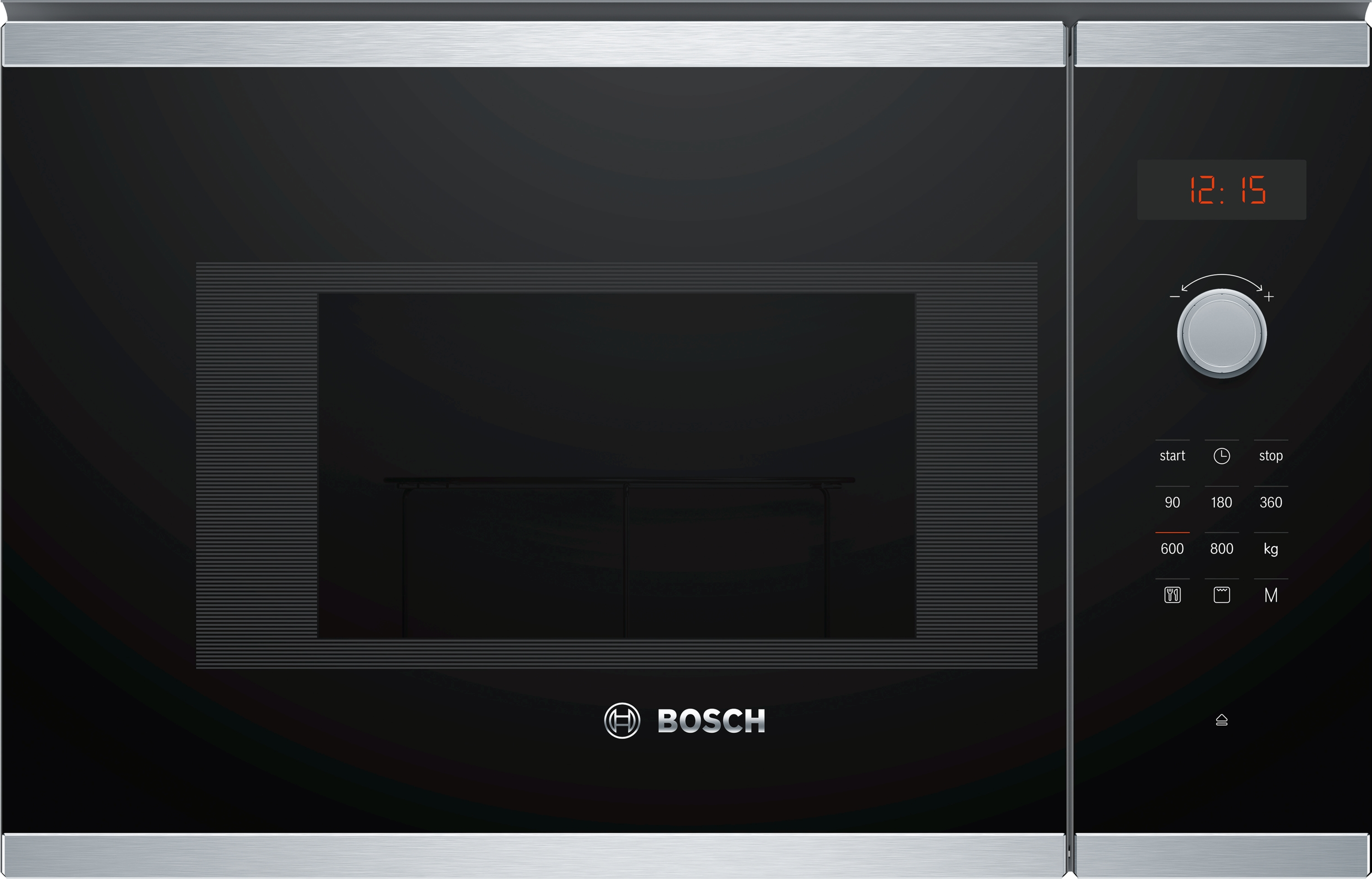 Horno microondas negro con puerta abierta, reloj digital y panel de control.