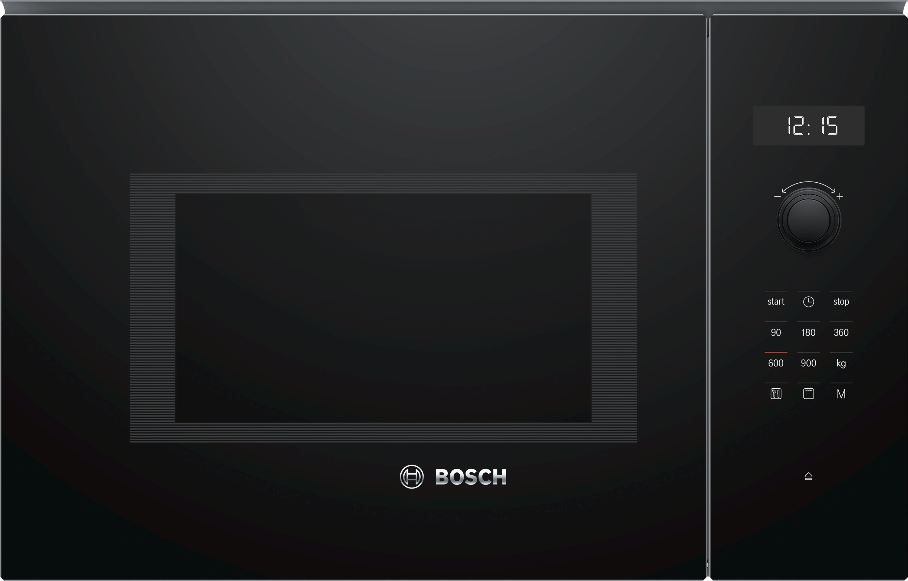 Horno microondas negro con puerta abierta, reloj digital y panel de control.