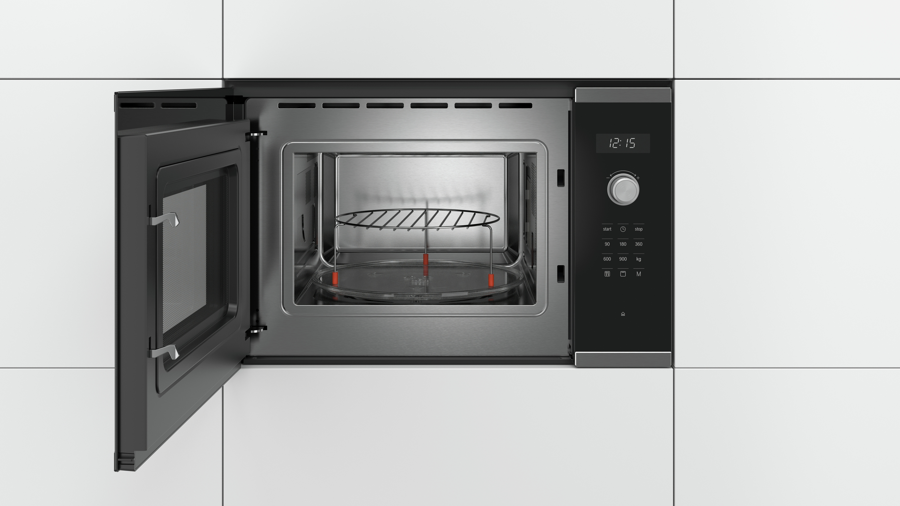 Horno microondas con puerta abierta, interior y panel de control.