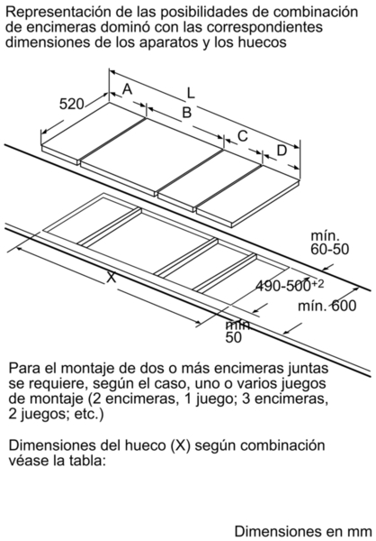 Diagrama de una disposición de placa de cocina, mostrando dimensiones en mm, incluyendo las de corte.