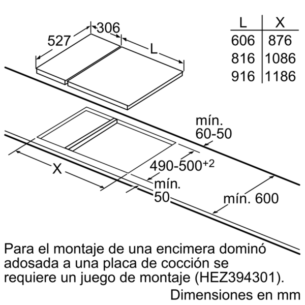 Diagrama de una placa de cocina con dimensiones para la instalación.