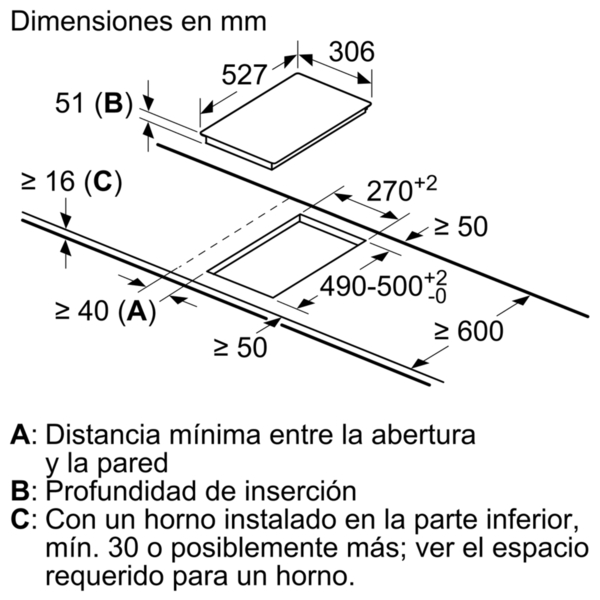 Diagrama de una placa de cocina con dimensiones de corte, distancias mínimas en mm y una placa empotrada.