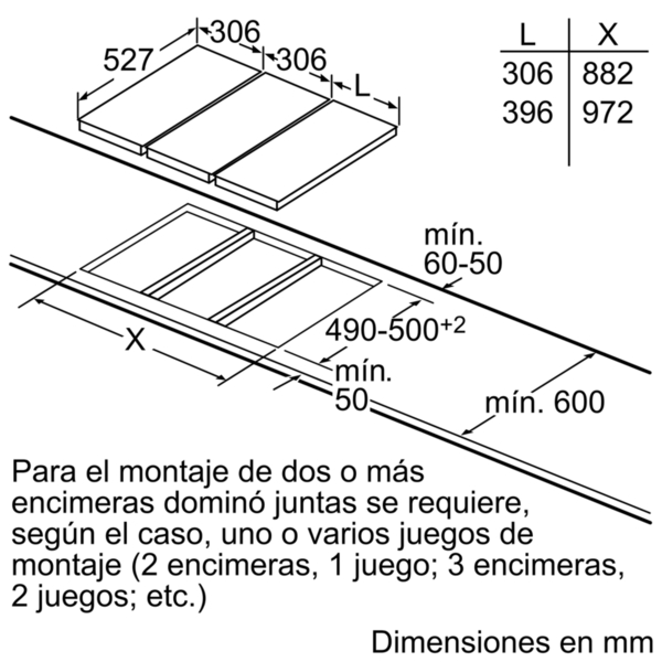 Diagrama de dimensiones de encimera en mm. Incluye vista superior y corte con medidas. El texto explica los requisitos de instalación.