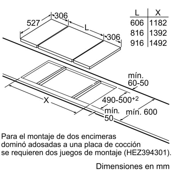 Dibujo técnico que muestra dimensiones. Dos unidades de placa de cocina con distancias en mm.