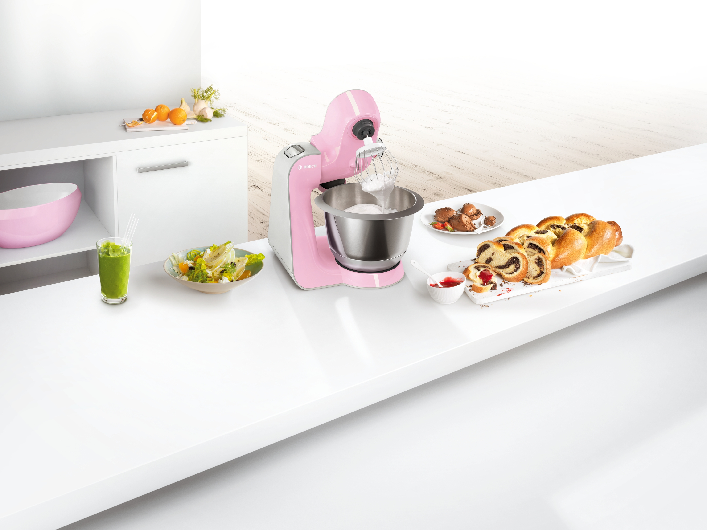 Robot de cocina - Bosch MUM58K20, 1000W de potencia, múltiples accesorios, Rosa