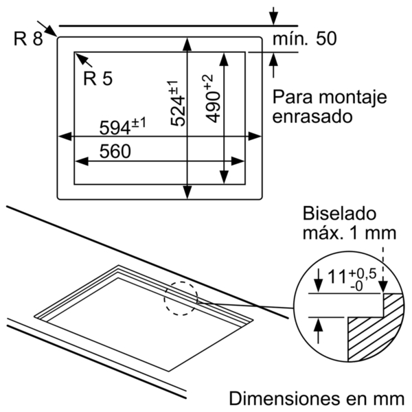 Primer plano de una placa vitrocerámica con marcas de control y un borde plateado.
