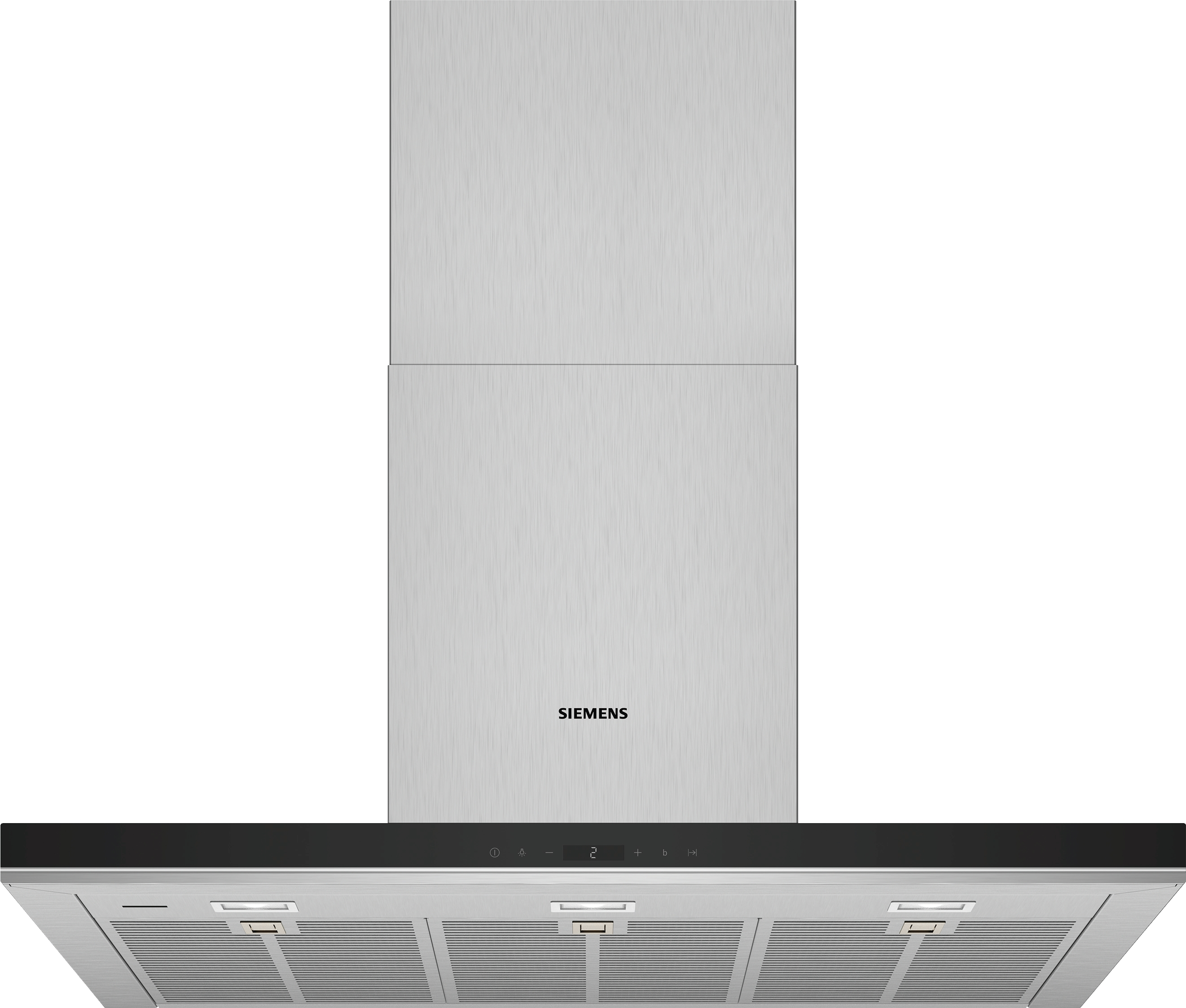 Una campana de cocina de acero inoxidable con un panel de control negro.