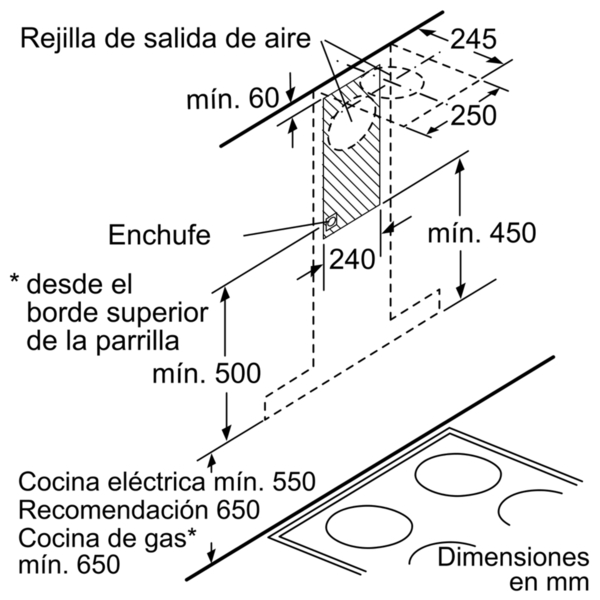 Diagrama de instalación de campana extractora con dimensiones en mm. Muestra la campana, el enchufe y la placa.