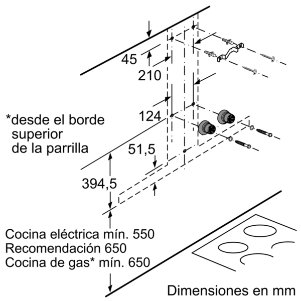 Diagrama que muestra los detalles de la instalación de la campana extractora. Dimensiones en mm. Posición y puntos.