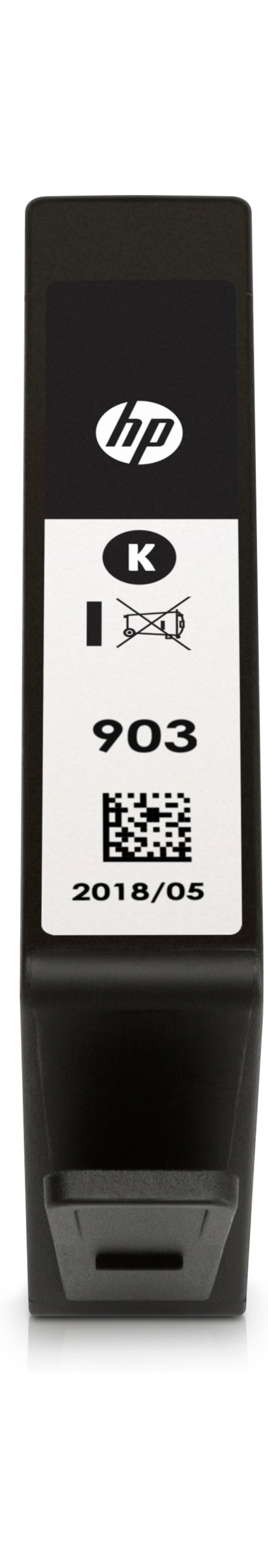 Vertikales Bild einer schwarzen HP 903 Tintenpatrone mit weißem Etikett. Weißer Hintergrund.