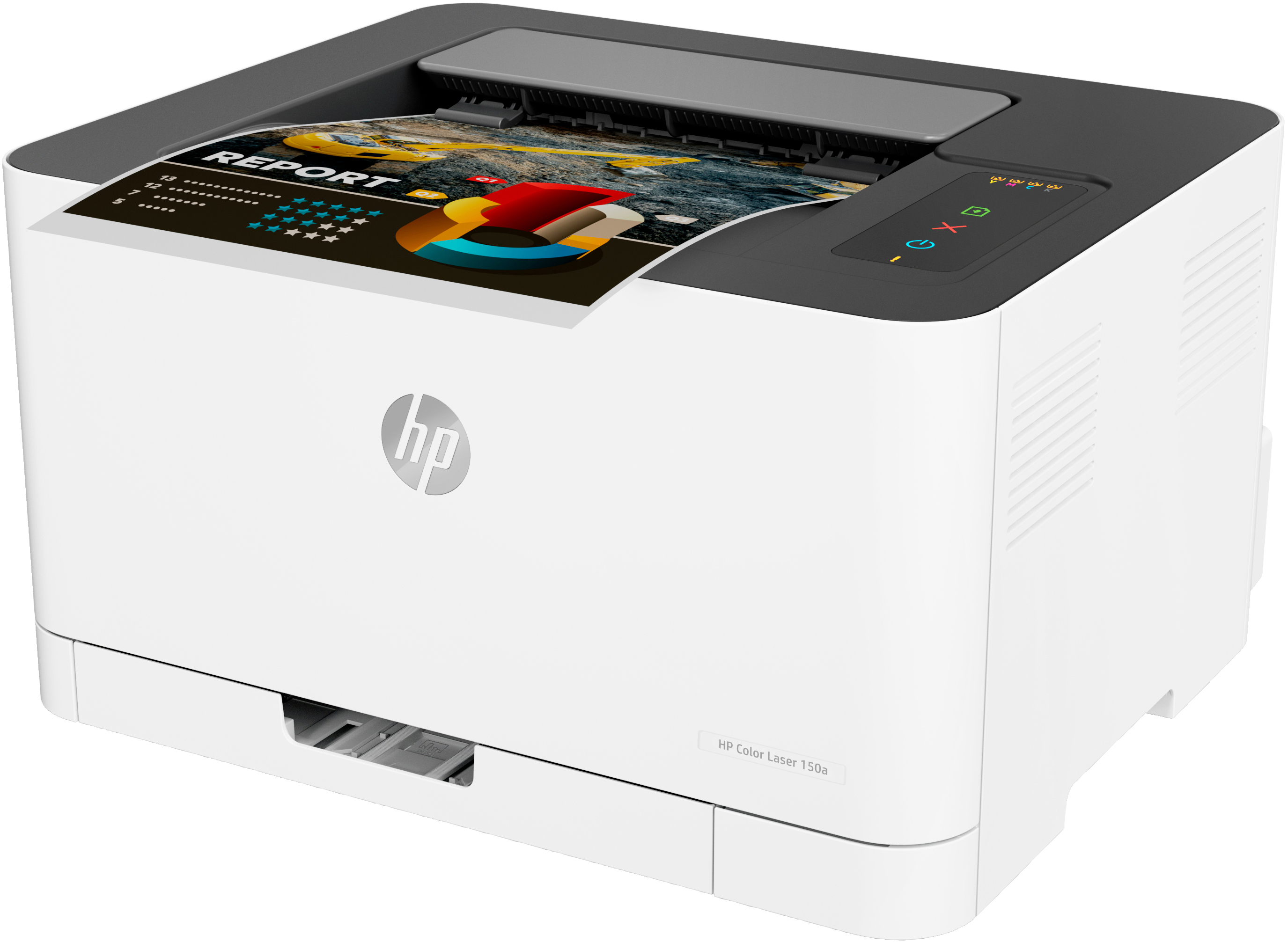 Ein HP Color Laser 150a Drucker auf weißem Hintergrund.