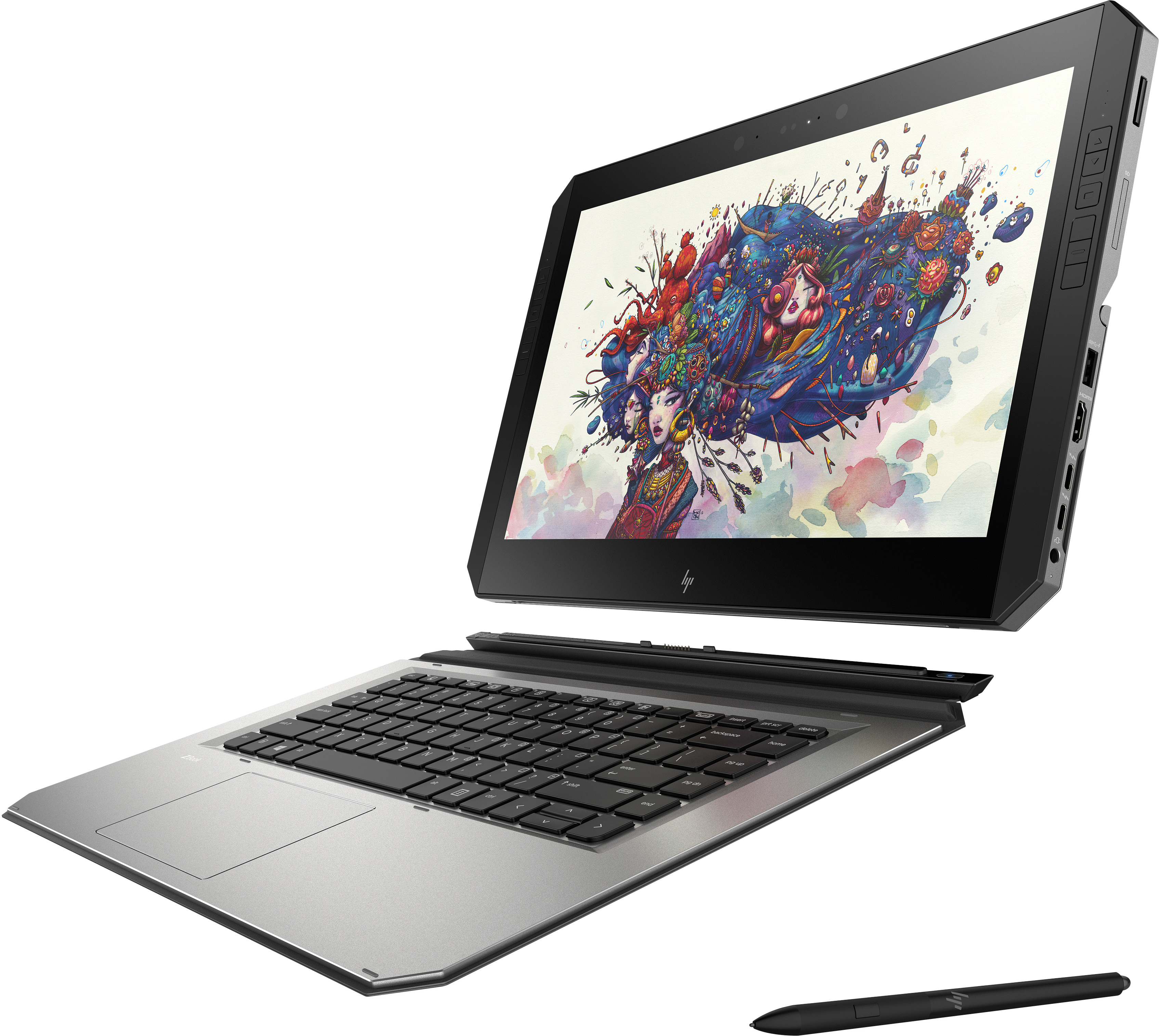 Ein schwarzer Laptop mit einem bunten Bild auf dem geöffneten Bildschirm, mit einem Eingabestift.