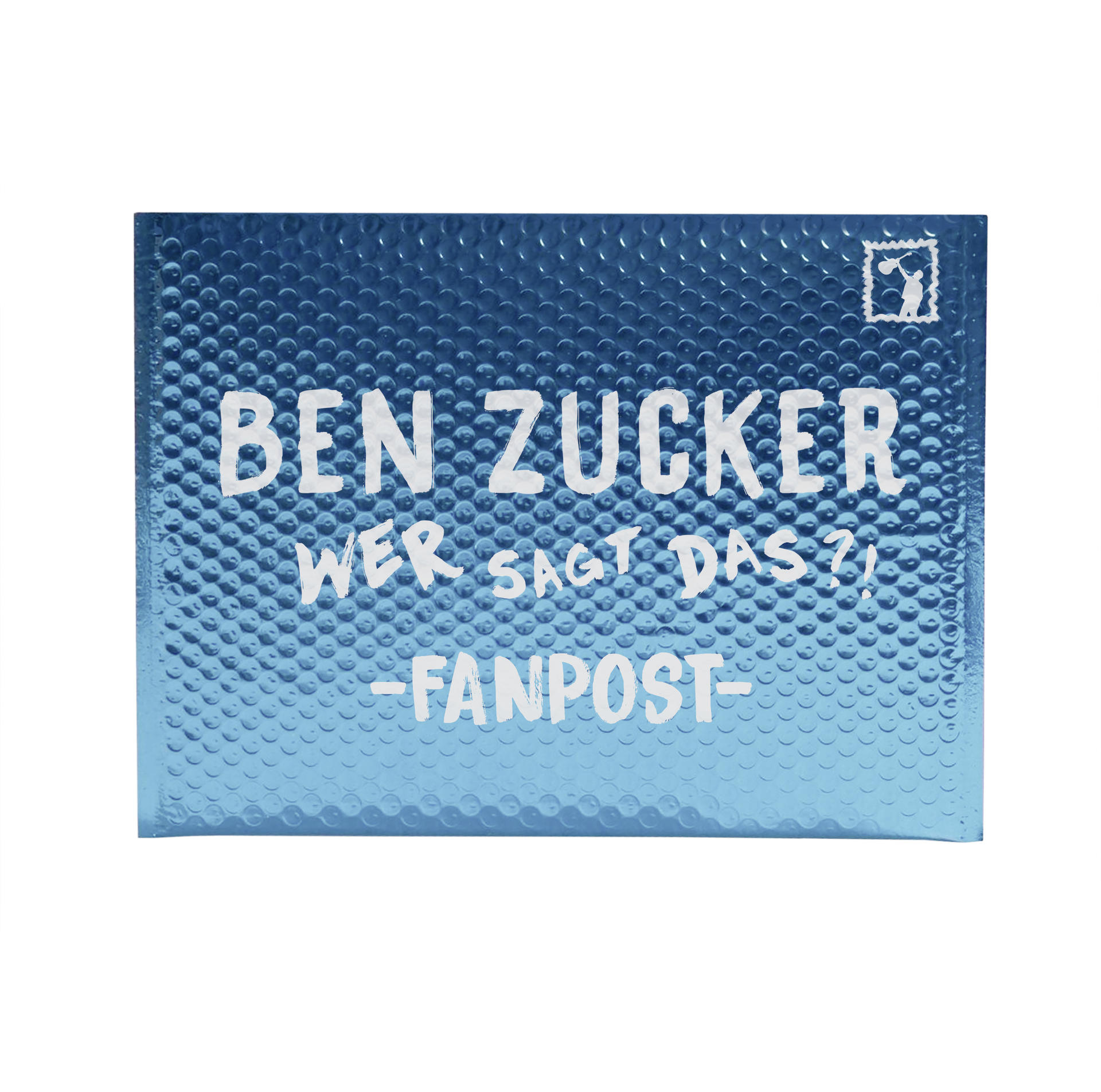 Blauer Luftpolsterumschlag mit Text: Ben Zucker, Wer sagt das?! - Fanpost und einem Stempel.