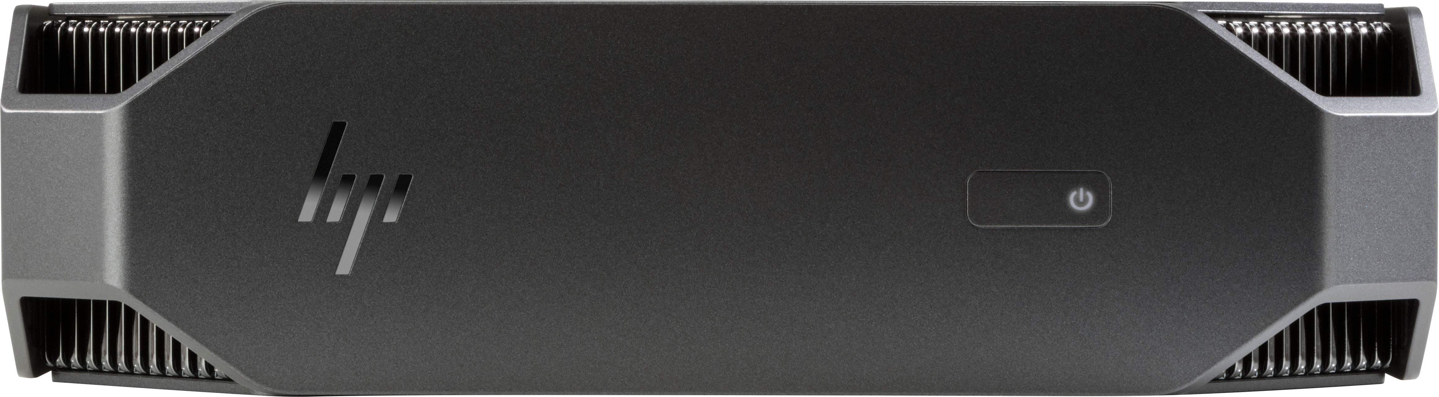 Ein schwarzer HP Mini-Computer mit Ein-/Aus-Taste und HP-Logo.