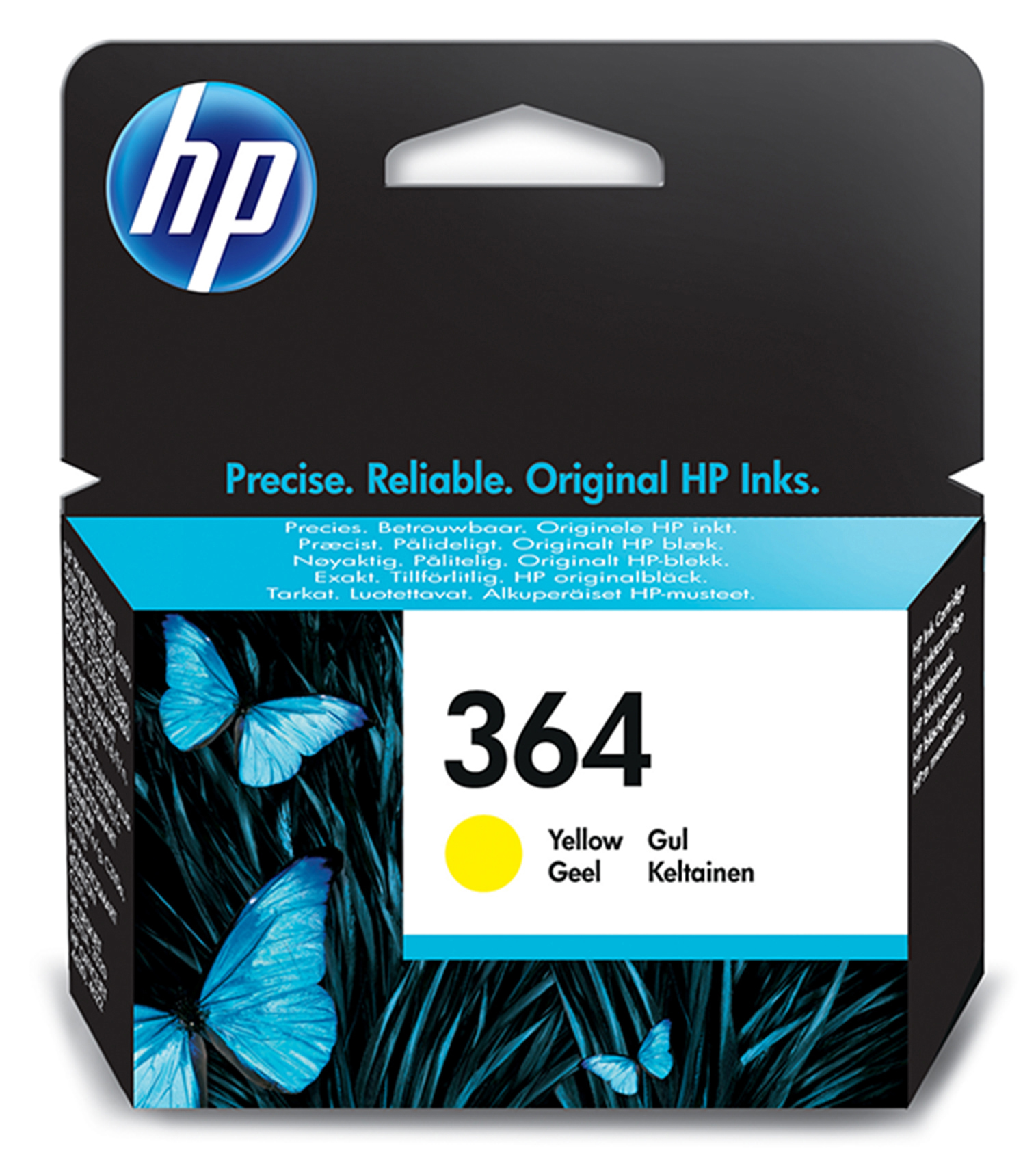 HP Tintenpatrone. Gelbe Tinte, Text: 364. Schmetterlingsbild und dunkler Hintergrund.