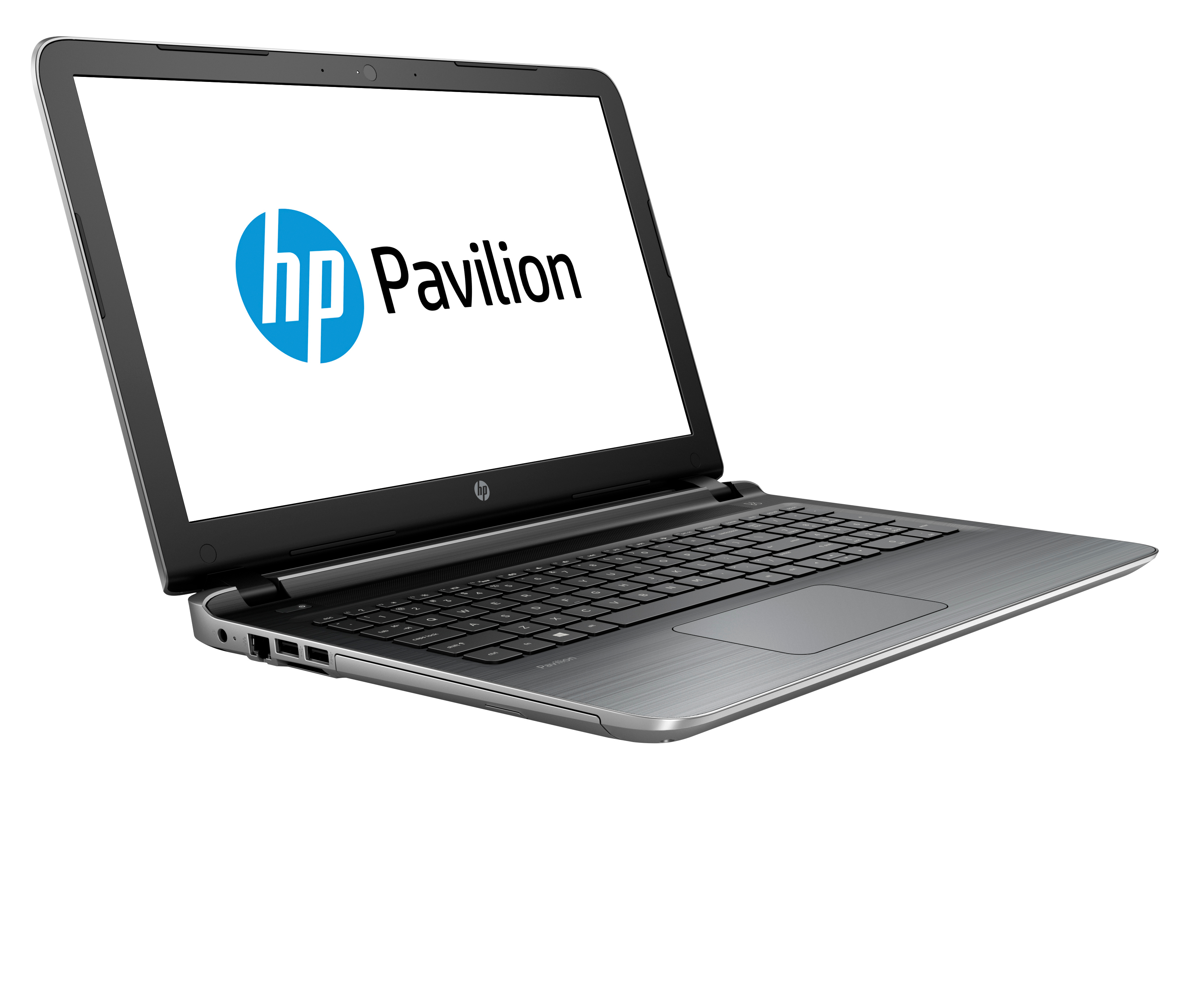 Beyaz bir ekranda HP Pavilion logosunu gösteren, açık bir HP Pavilion dizüstü bilgisayarı.