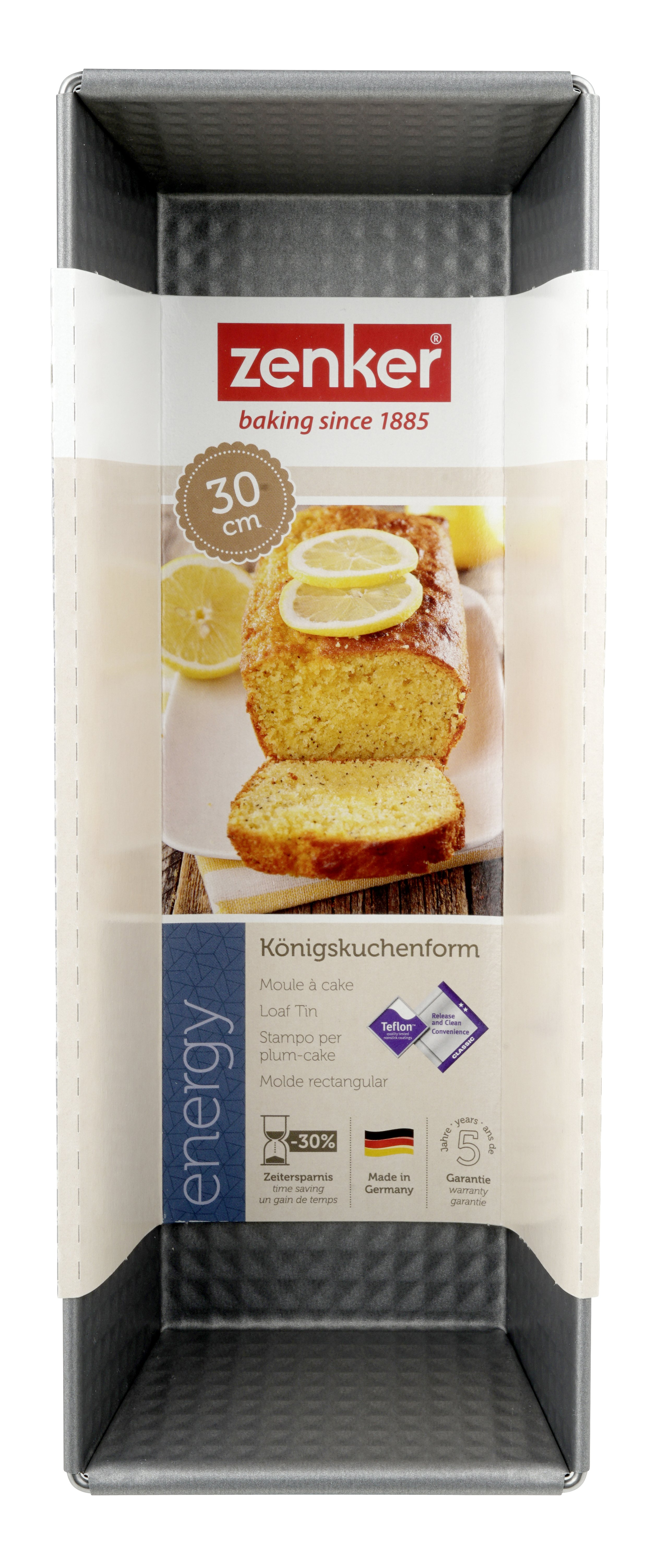 Eine rechteckige Backform mit einem Etikett, das einen Zitronenkuchen, das Zenker-Logo und Produktdetails zeigt. Hergestellt in Deutschland.