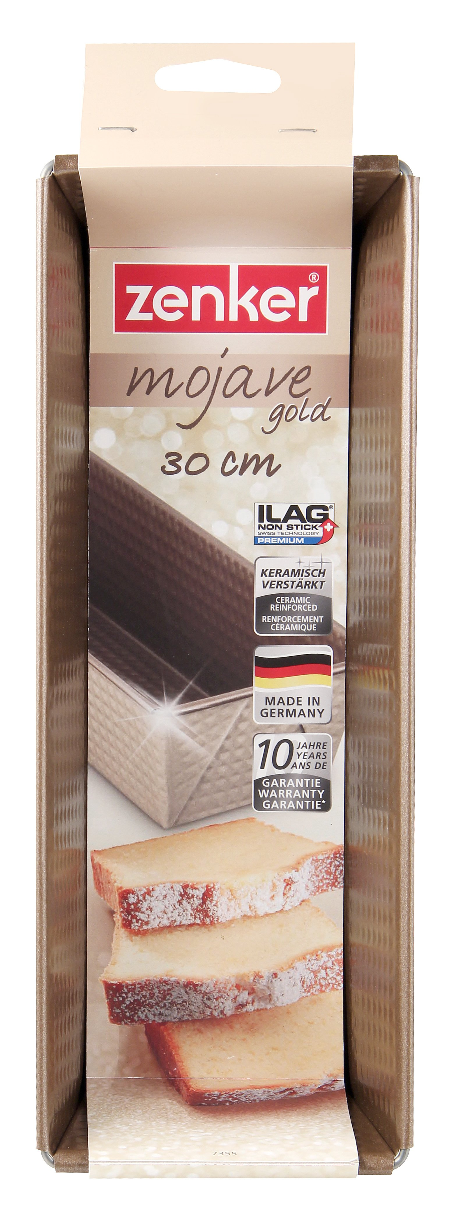 Eine goldfarbene Brotbackform mit Brotlaib, in einer Verpackung mit Produktdetails.