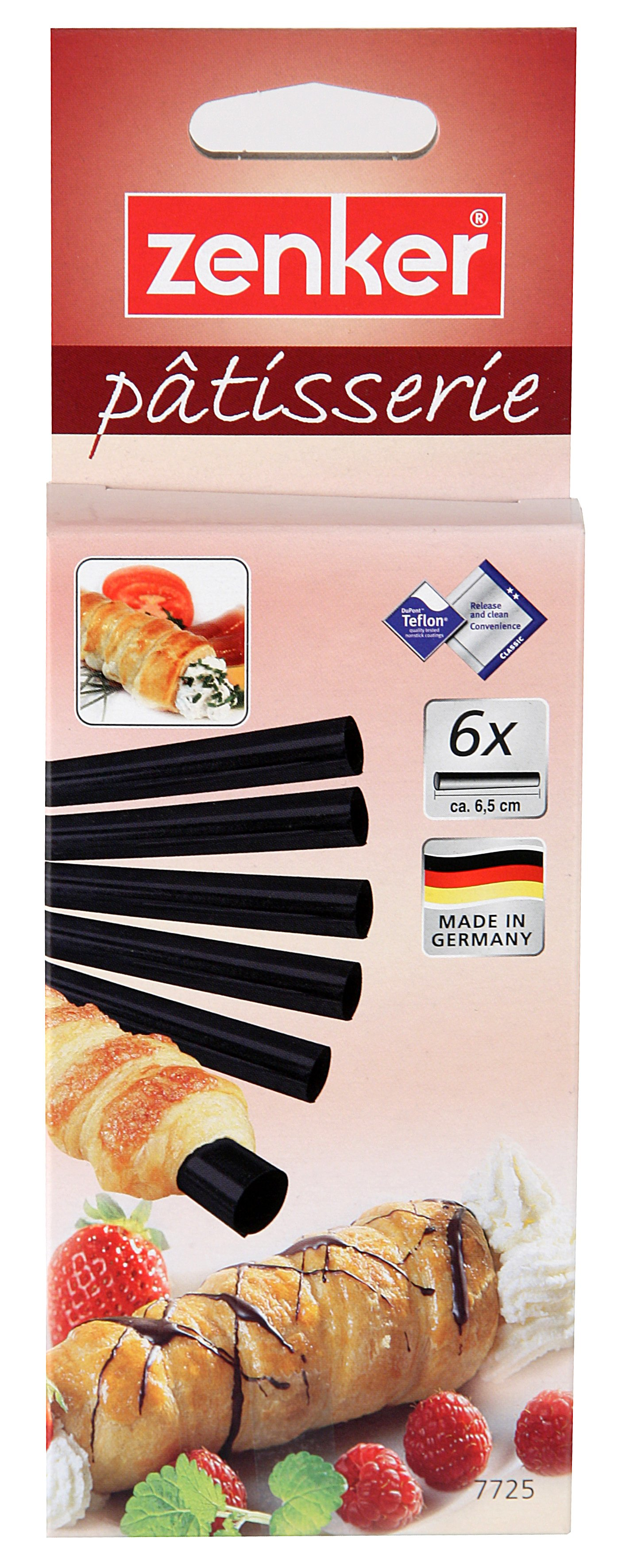 Packung mit Gebäckröllchen, mit Gebäck und Schlagsahne auf der Verpackung.