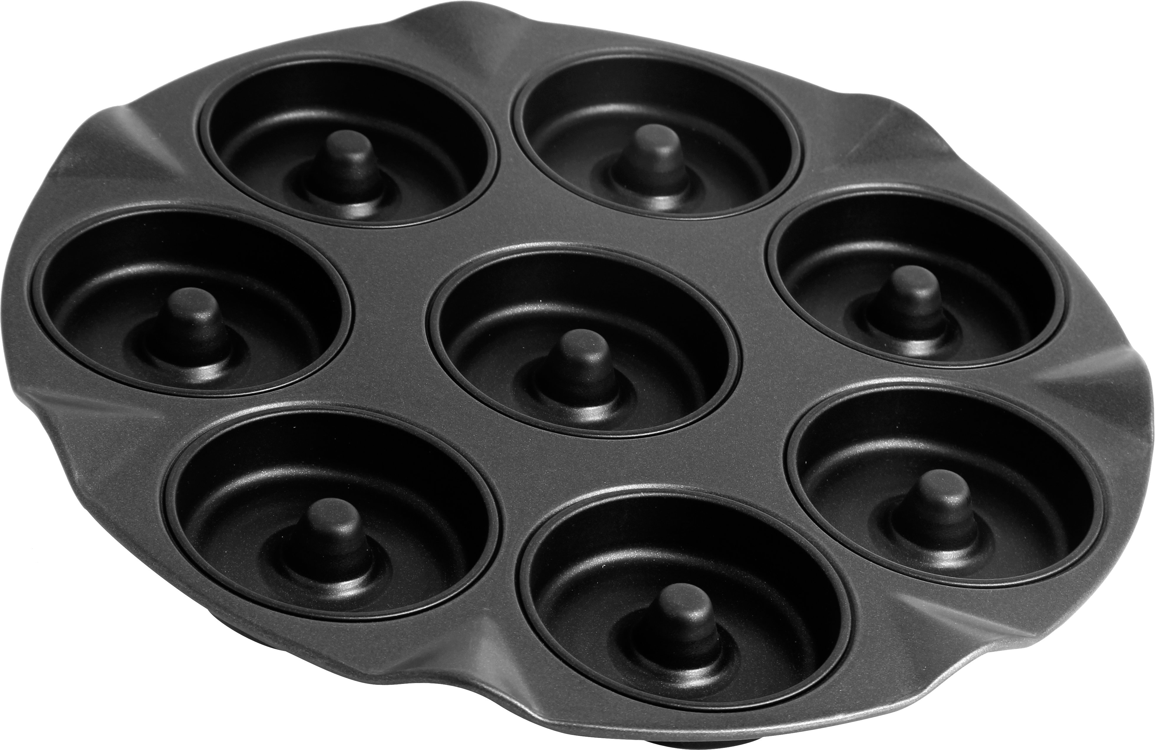 Donut-Pfanne mit 8 Formen. Schwarz, mit gewelltem Rand.