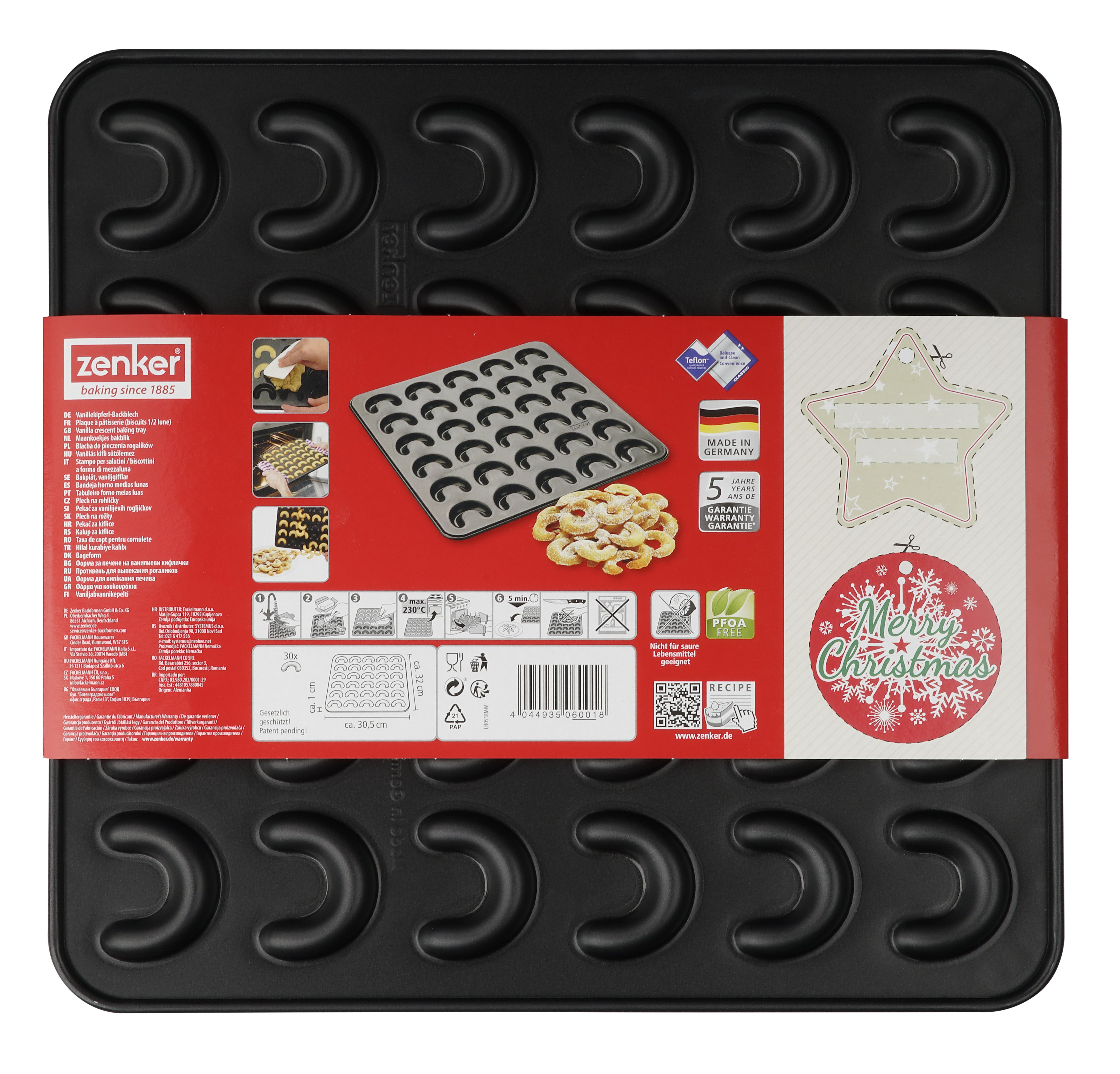 Schwarzes Zenker Vanillekipferl-Backblech mit roter Banderole, Rezepten und deutscher Flagge.