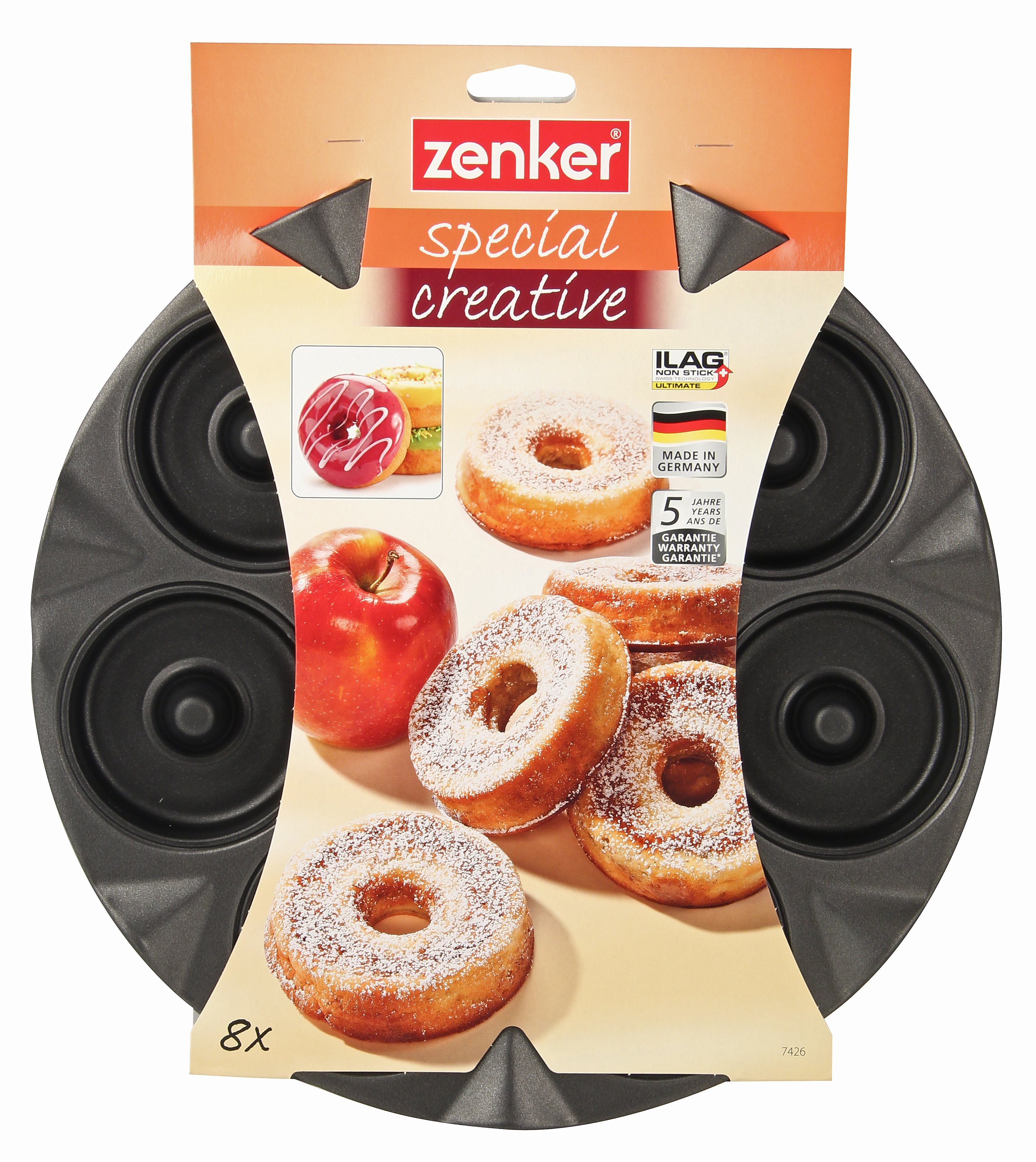 Donut-Pfanne mit Donuts und einem Apfel.