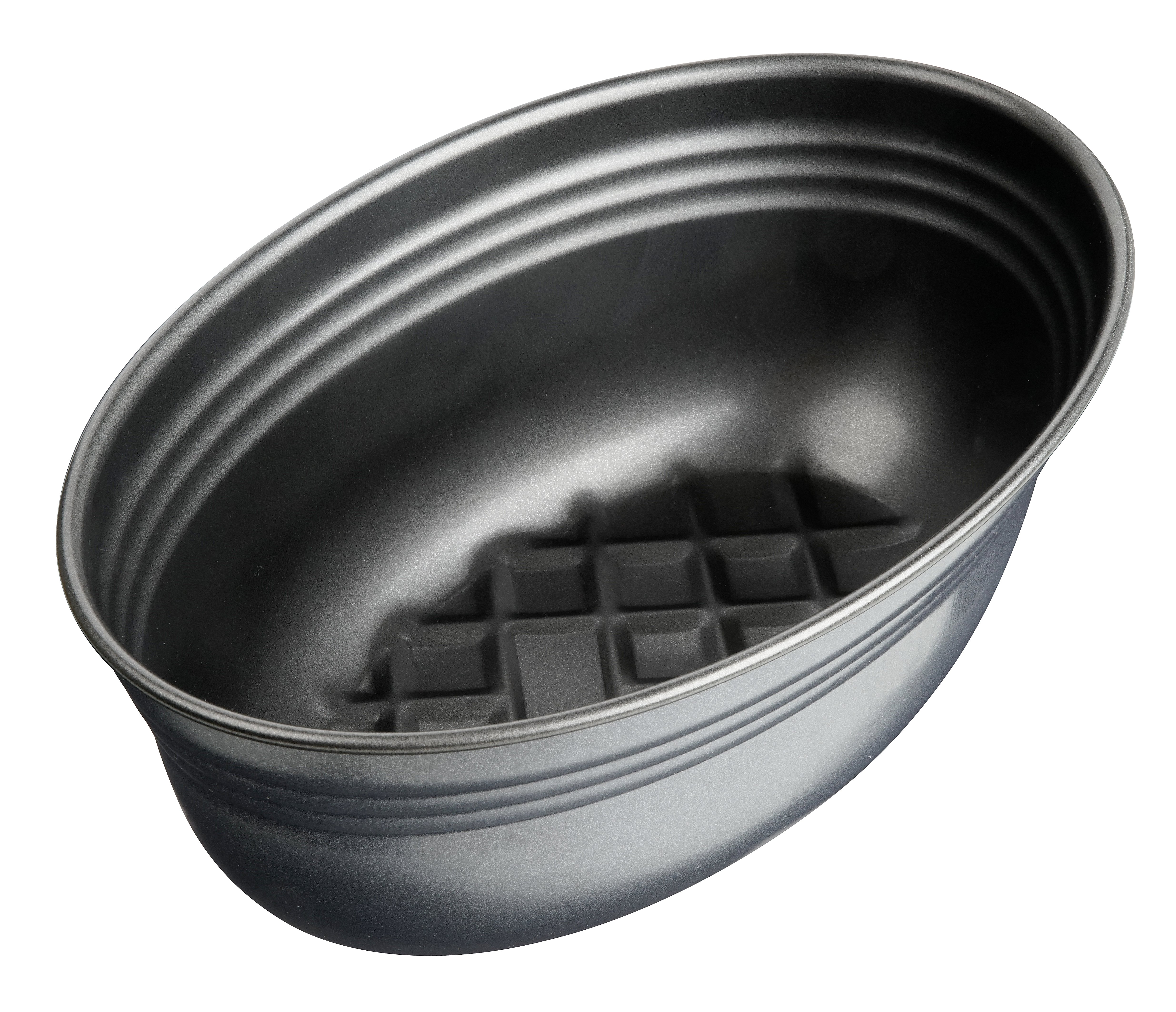 Ovale, dunkelgraue Backform mit strukturierter Basis.