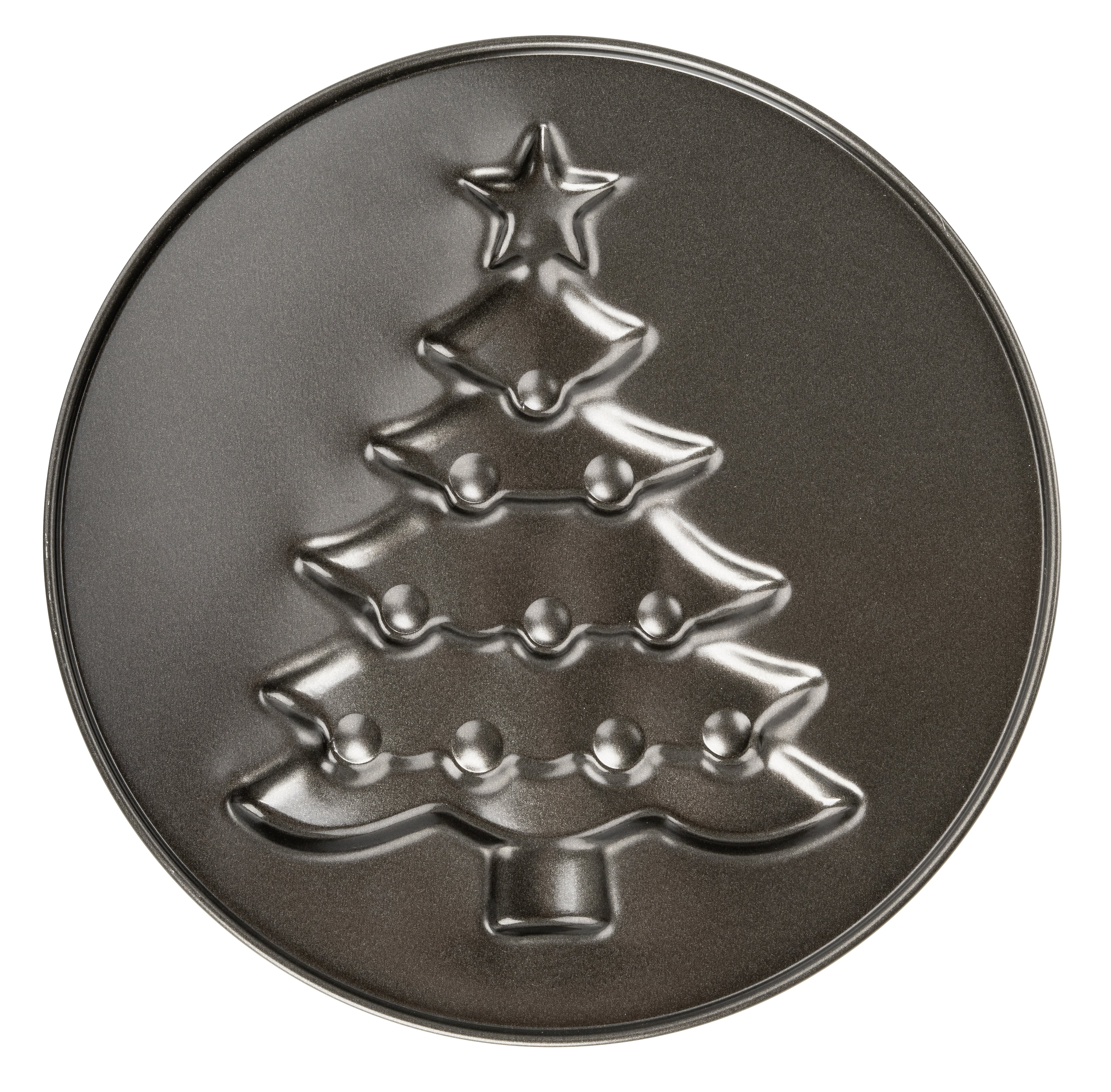 Eine runde Backform mit einem Weihnachtsbaum-Design.