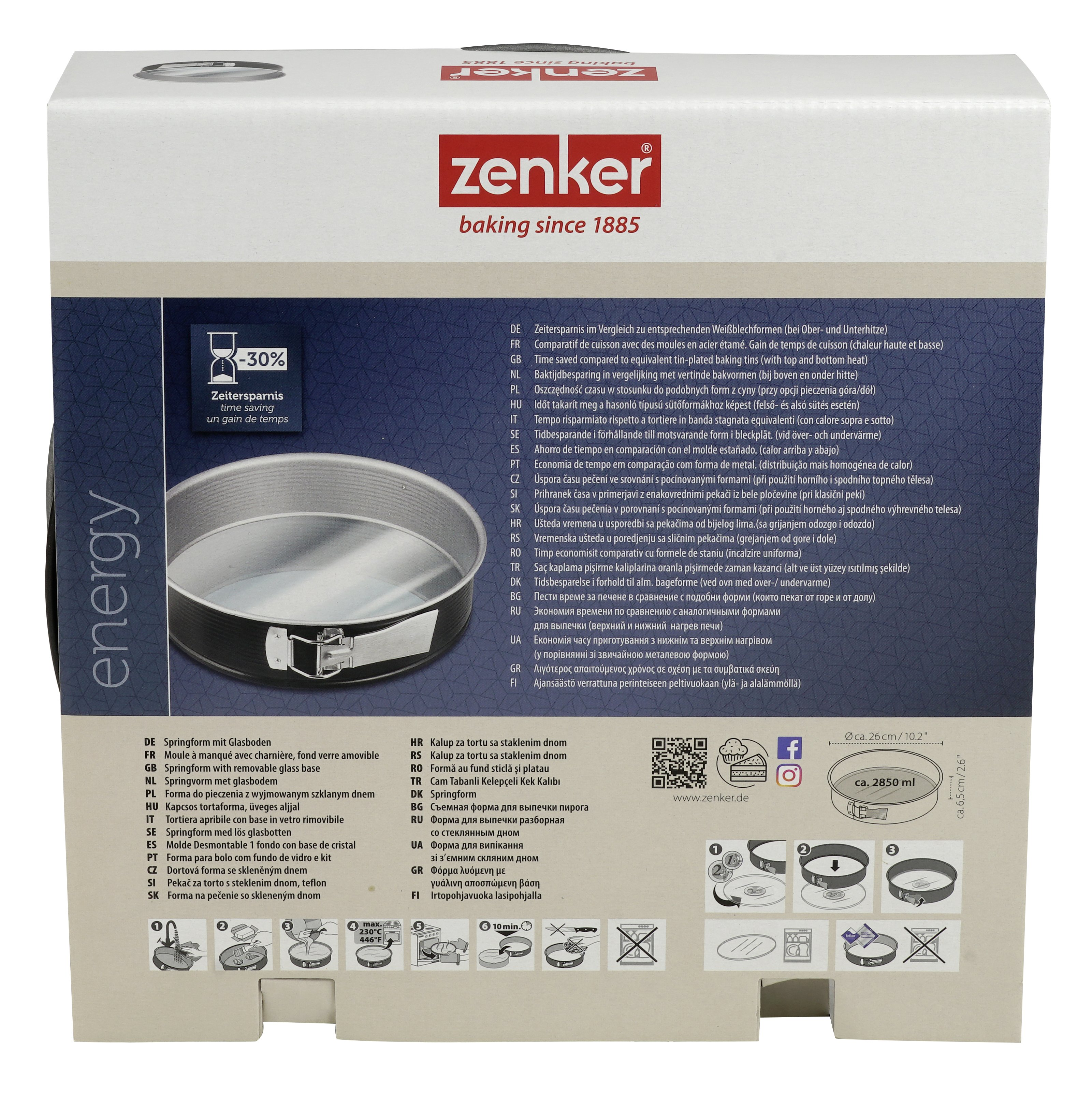 Eine runde, schwarze Backform mit Deckel, Text: 'zenker baking since 1885' und weiterer Text.