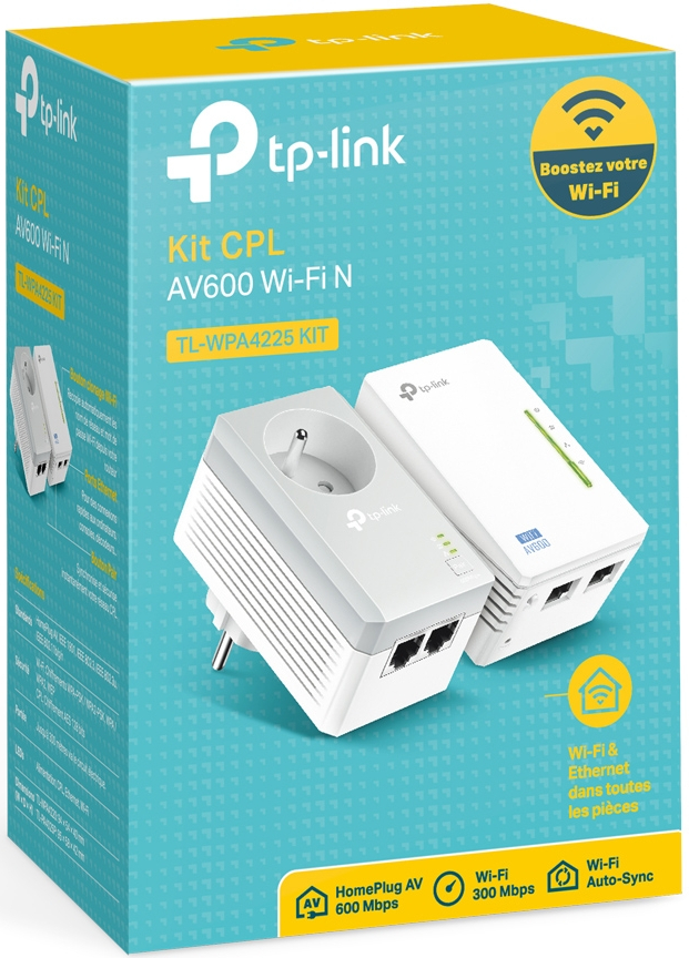 Een doos met een TP-Link Kit CPL AV600 Wi-Fi N. Het bevat twee witte apparaten met stekkers en poorten.