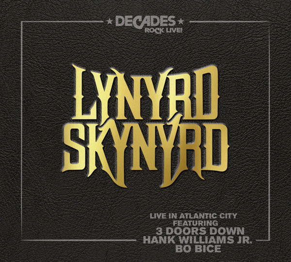 Goldener Text 'LYNYRD SKYNRYD' auf schwarzer Ledertextur. Text 'LIVE IN ATLANTIC CITY' darunter.