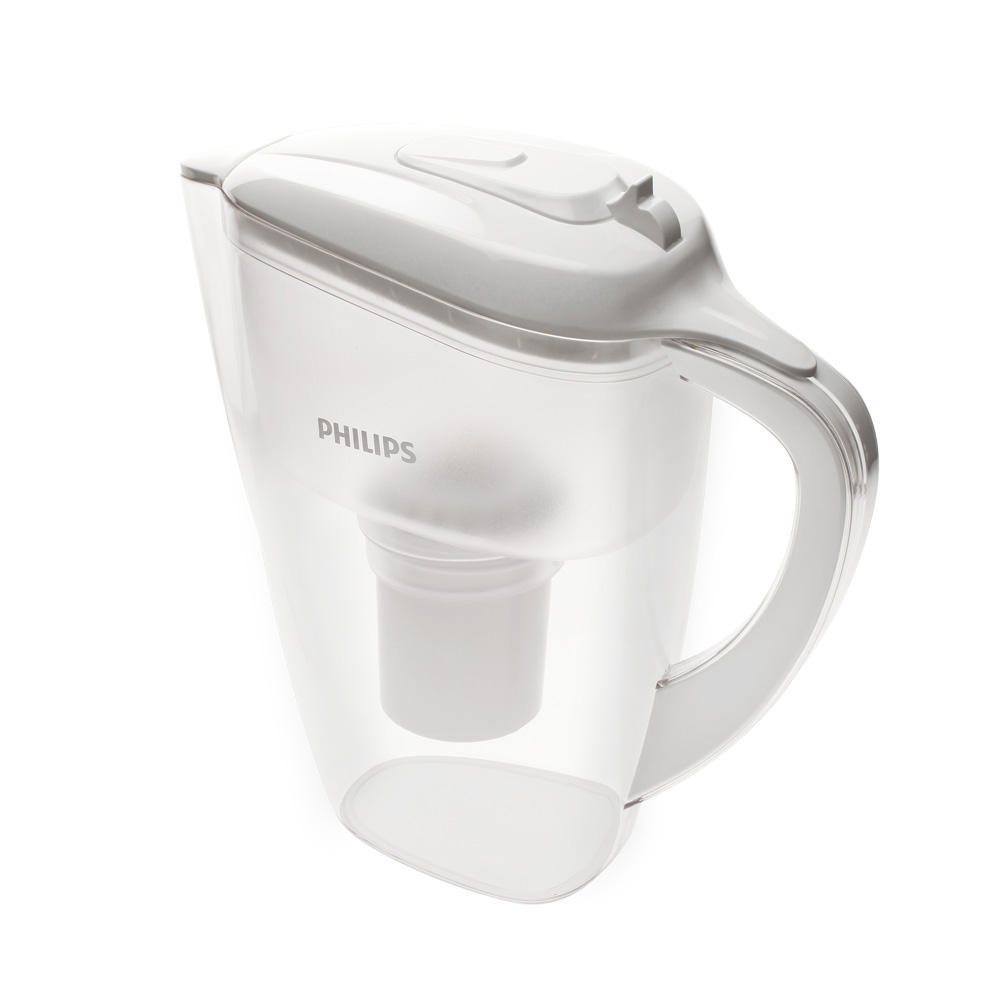 Klarer Philips Wasserfilter-Krug. Er ist weiß, hat einen Griff und der Filter ist innen sichtbar.