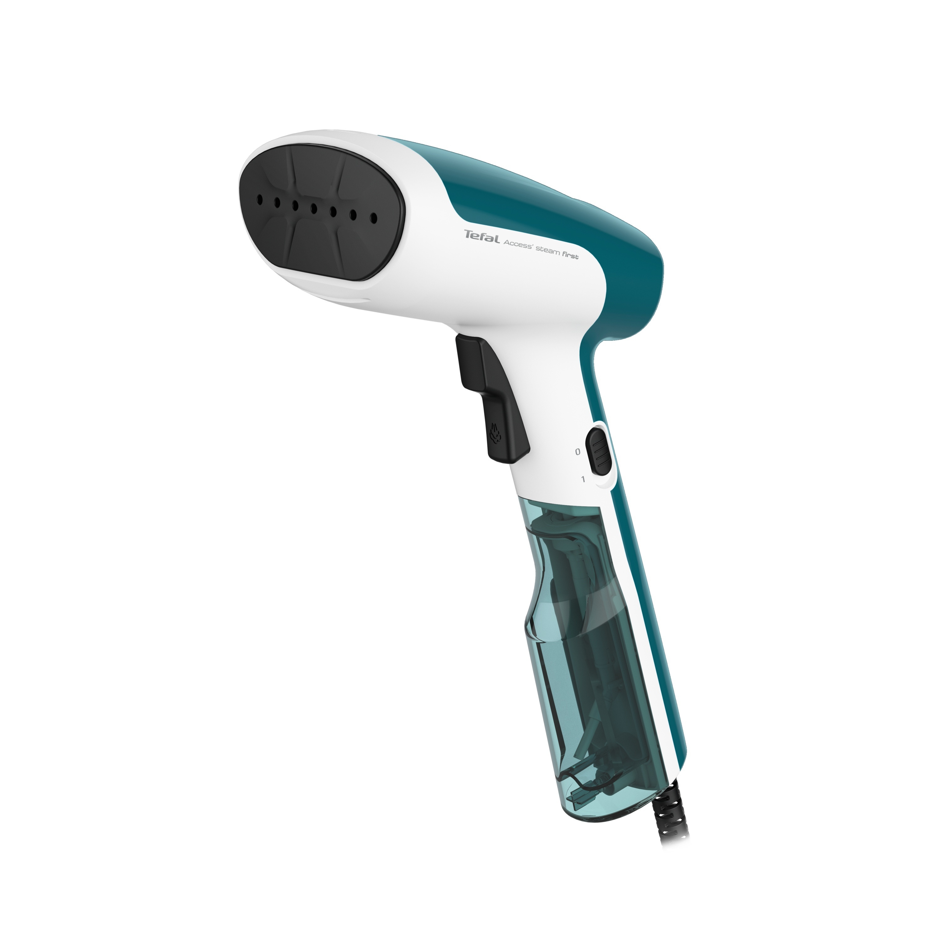 Handlicher teal-farbener und weißer Kleidungsdampfer mit schwarzem Griff und transparentem Wassertank.