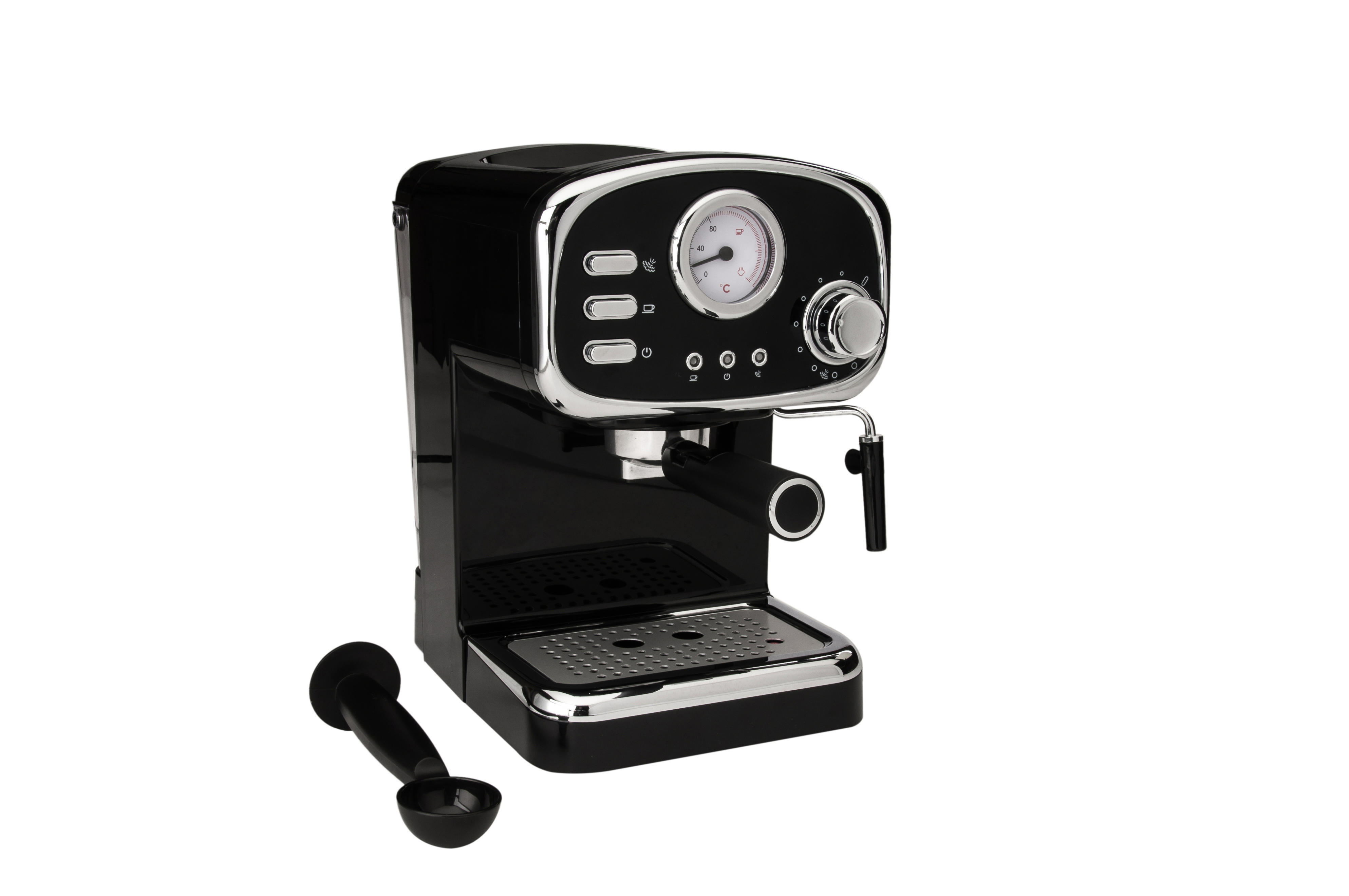 Schwarze Espressomaschine. Silberne Akzente. Schaufel links. Weißer Hintergrund.