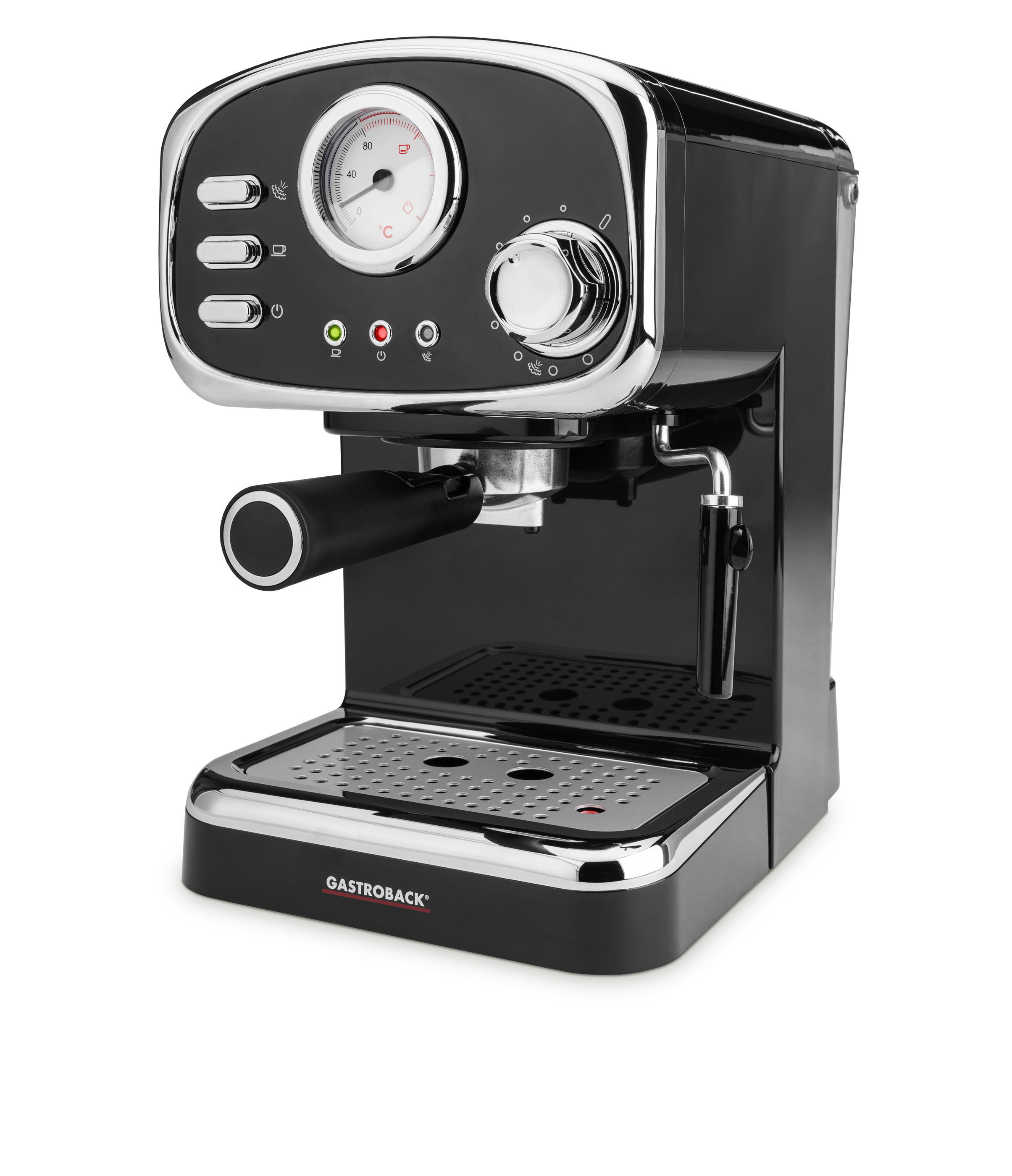 Schwarze GASTROBACK Espressomaschine mit Chromakzenten auf Weiß.
